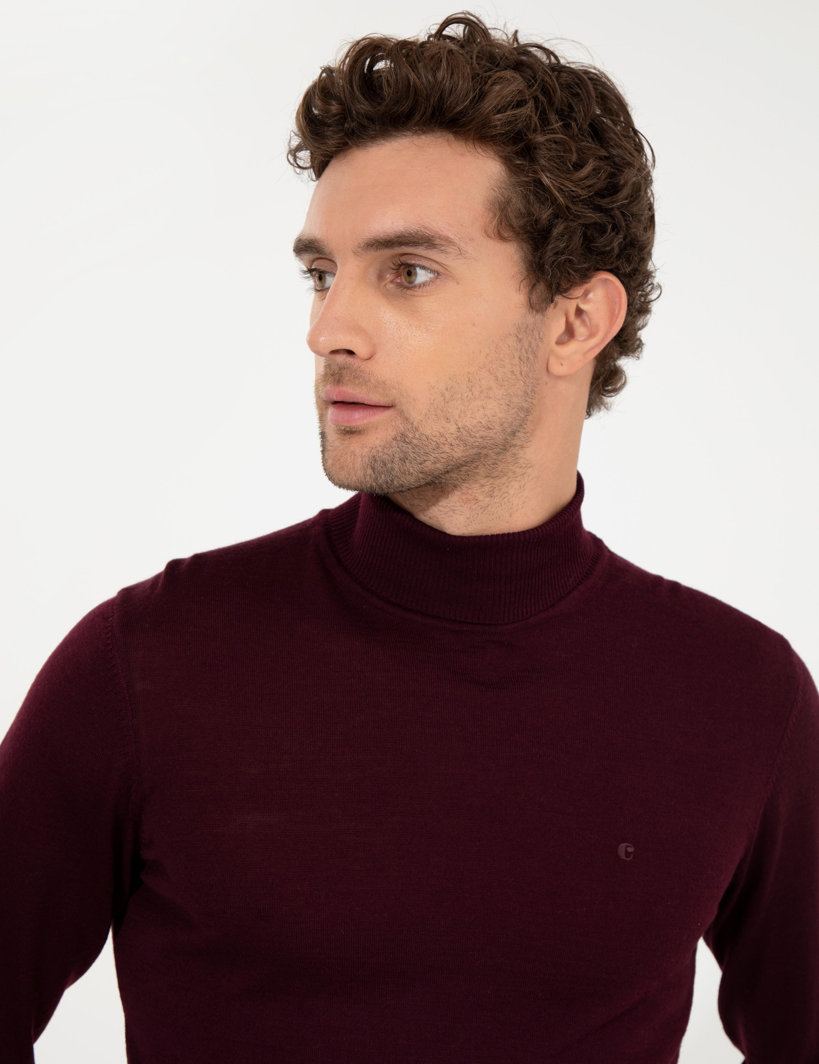 Bordo Slim Fit Balıkçı Yaka Basic Triko Kazak - 50257269057