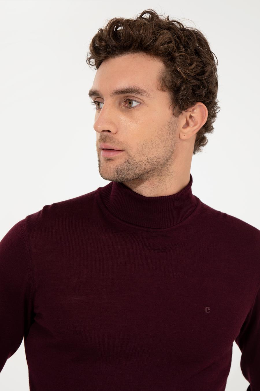 Bordo Slim Fit Balıkçı Yaka Basic Triko Kazak - 50257269057