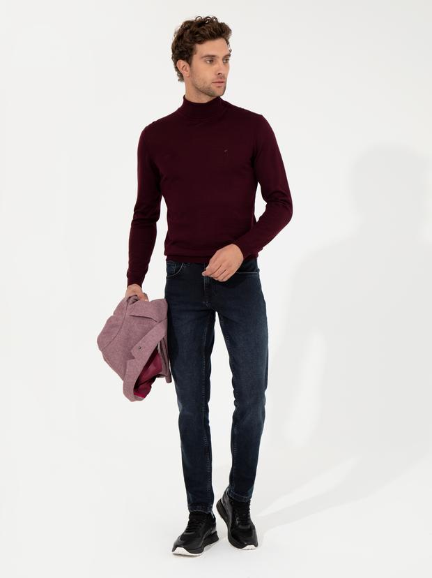 Bordo Slim Fit Balıkçı Yaka Basic Triko Kazak