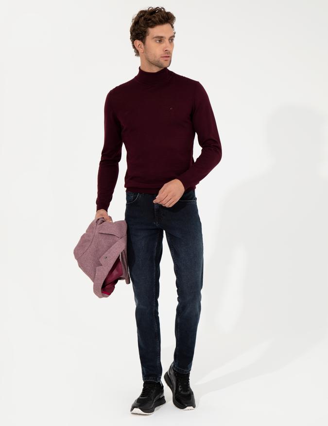 Bordo Slim Fit Balıkçı Yaka Basic Triko Kazak