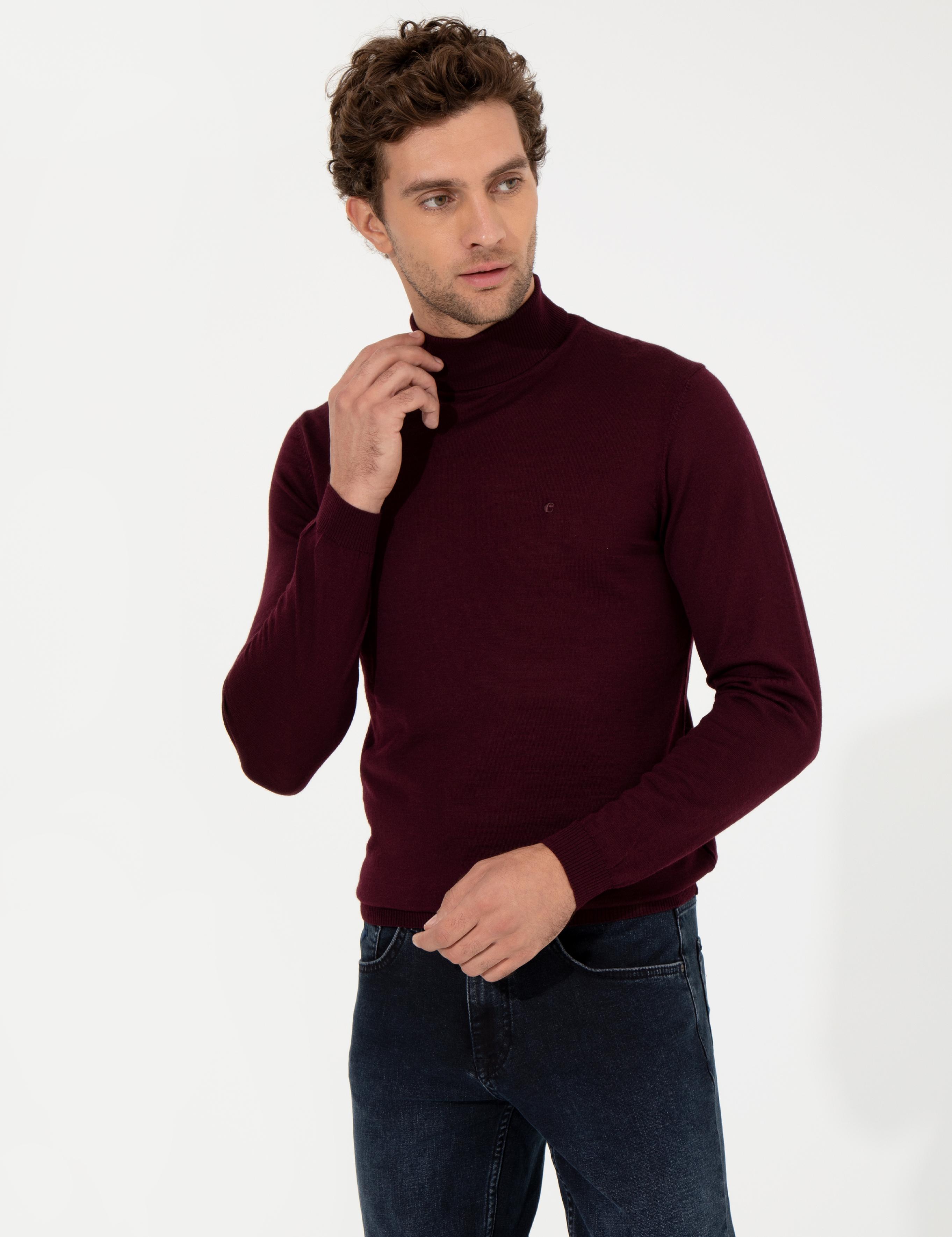 Bordo Slim Fit Balıkçı Yaka Basic Triko Kazak - 50257269057