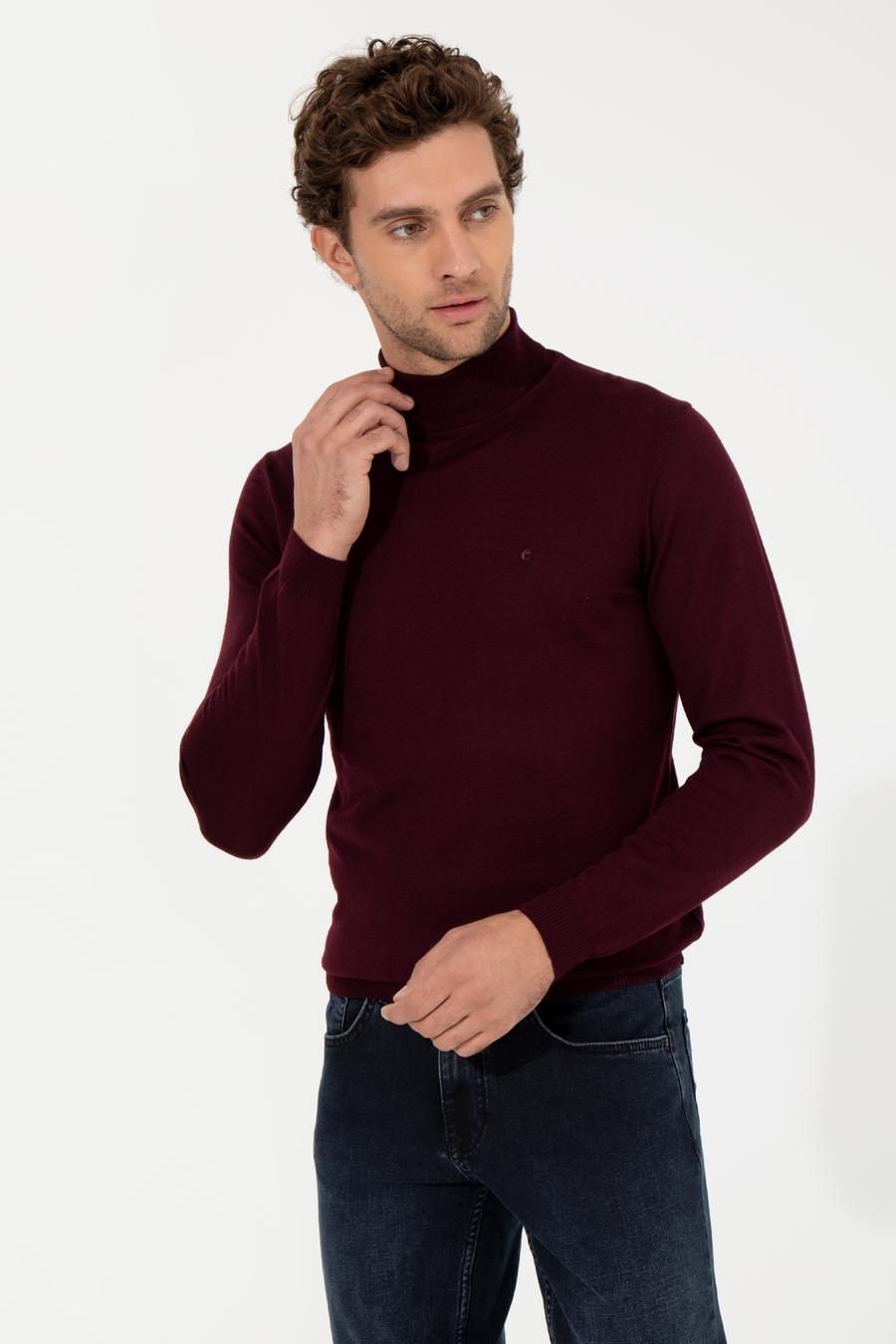 Bordo Slim Fit Balıkçı Yaka Basic Triko Kazak - 50257269057