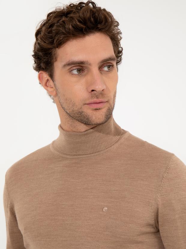 Camel Slim Fit Balıkçı Yaka Basic Triko Kazak