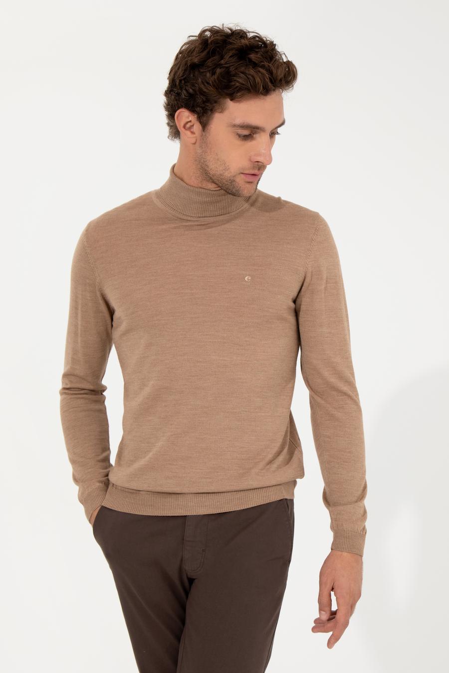 Camel Slim Fit Balıkçı Yaka Basic Triko Kazak - 50257269097