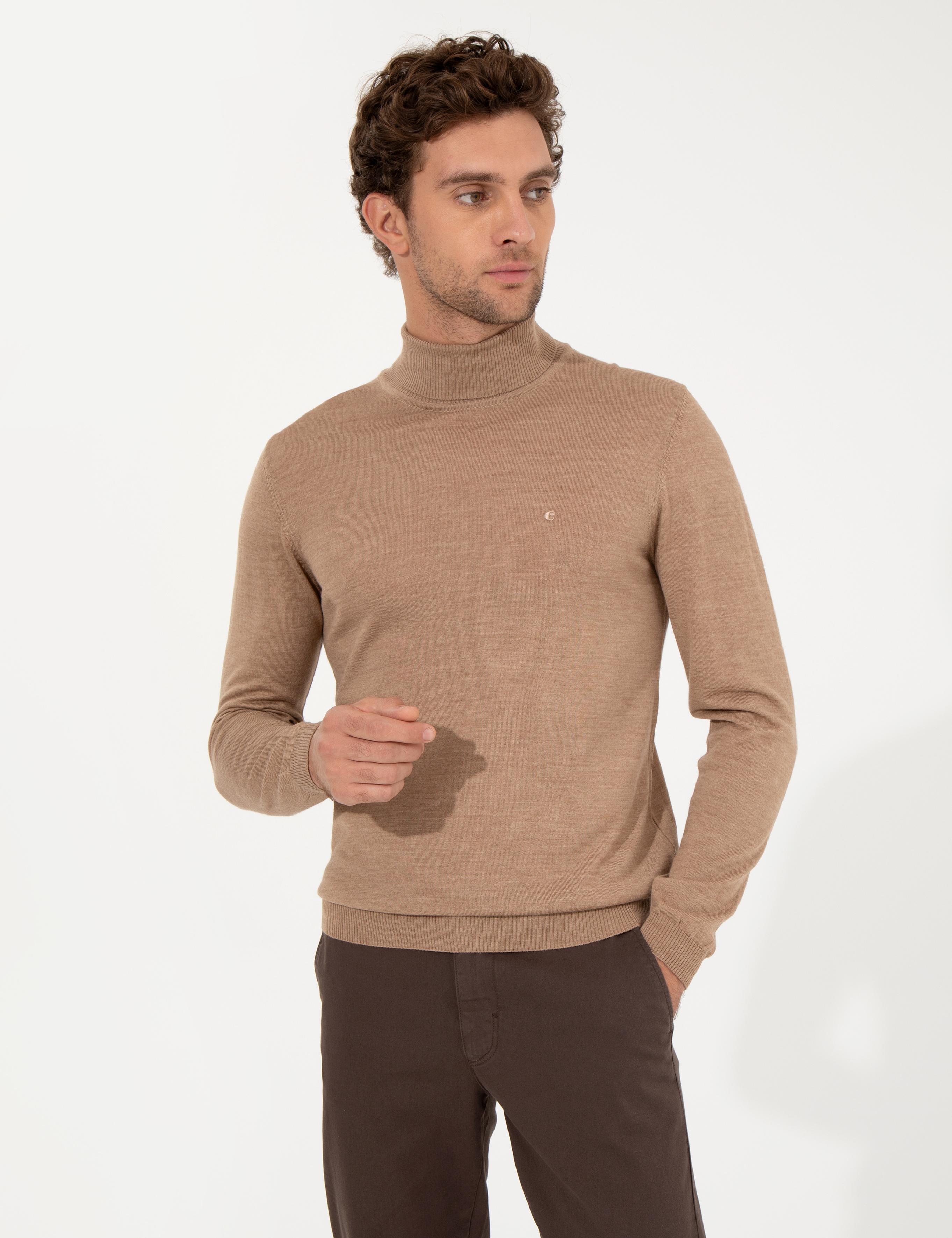 Camel Slim Fit Balıkçı Yaka Basic Triko Kazak - 50257269097