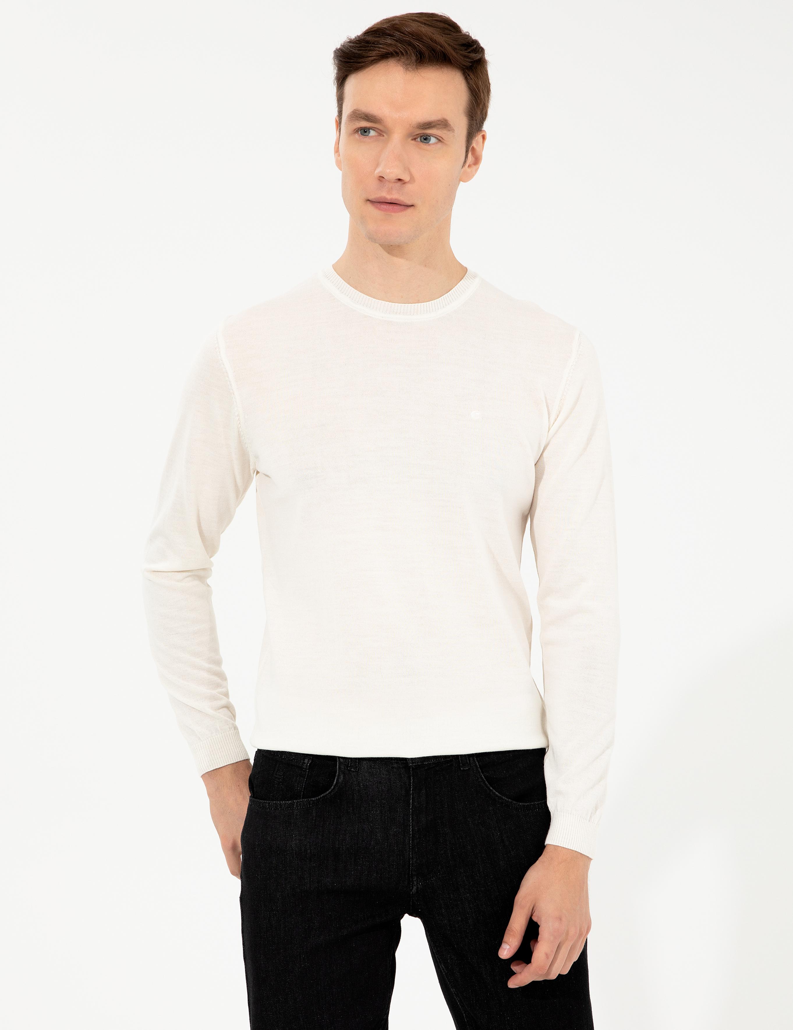 Beyaz Slim Fit Bisiklet Yaka Basic Triko Kazak - 50257398216