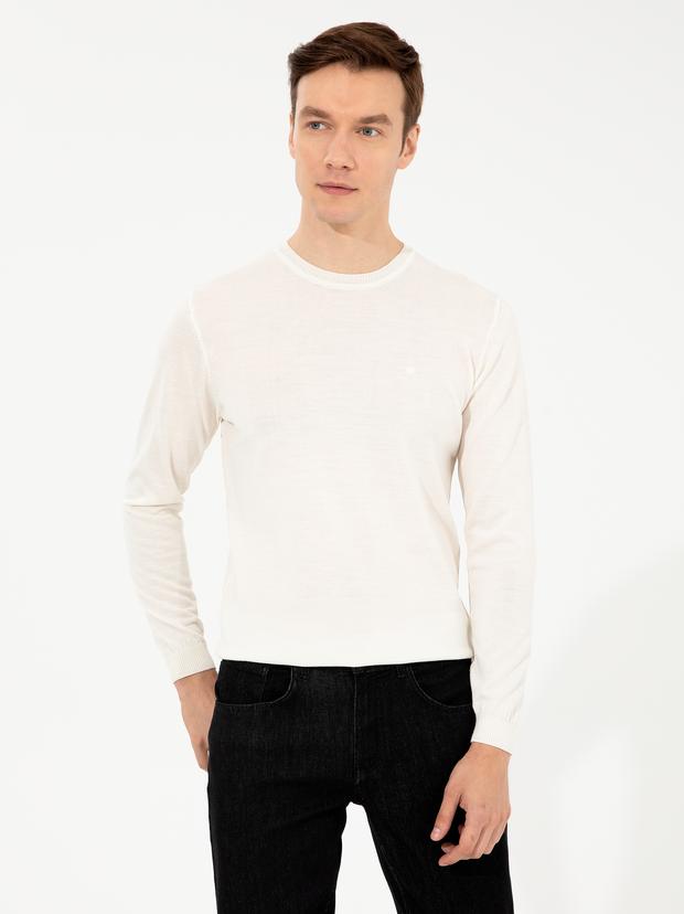 Beyaz Slim Fit Bisiklet Yaka Basic Triko Kazak