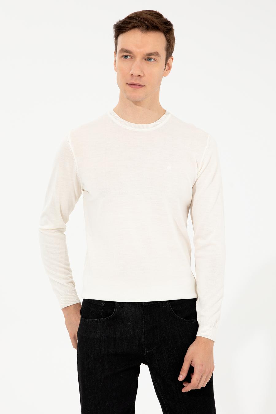 Beyaz Slim Fit Bisiklet Yaka Basic Triko Kazak - 50257398216