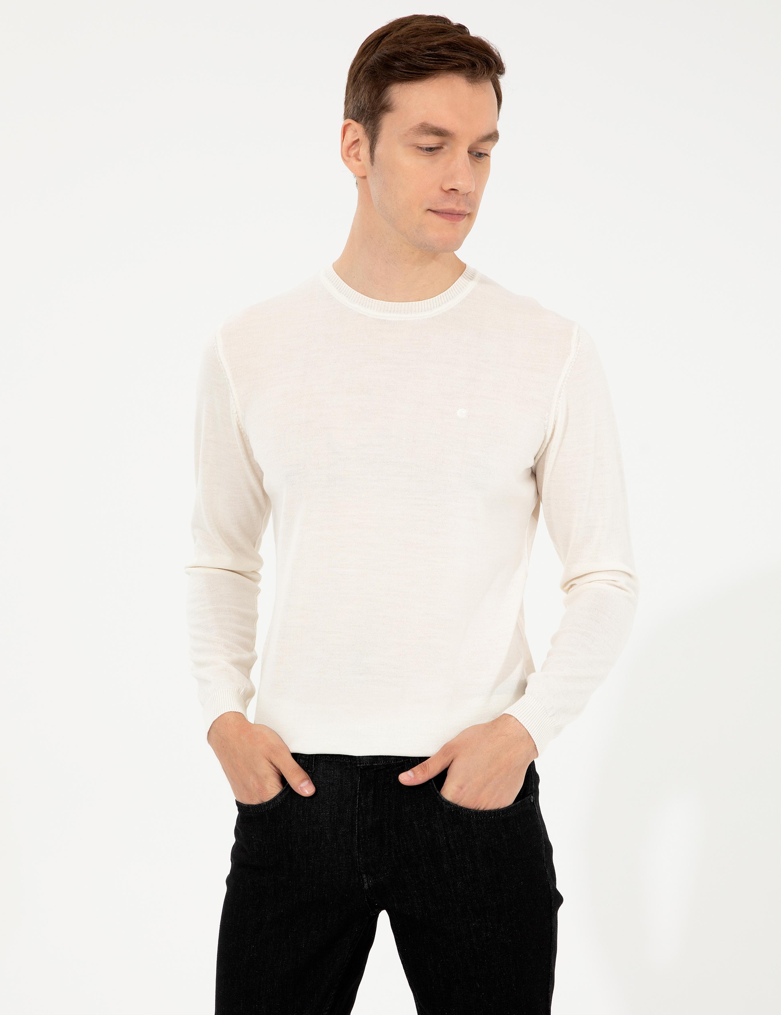 Beyaz Slim Fit Bisiklet Yaka Basic Triko Kazak - 50257398216