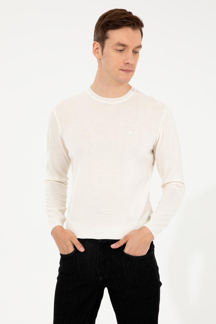 Beyaz Slim Fit Bisiklet Yaka Basic Triko Kazak - 50257398216