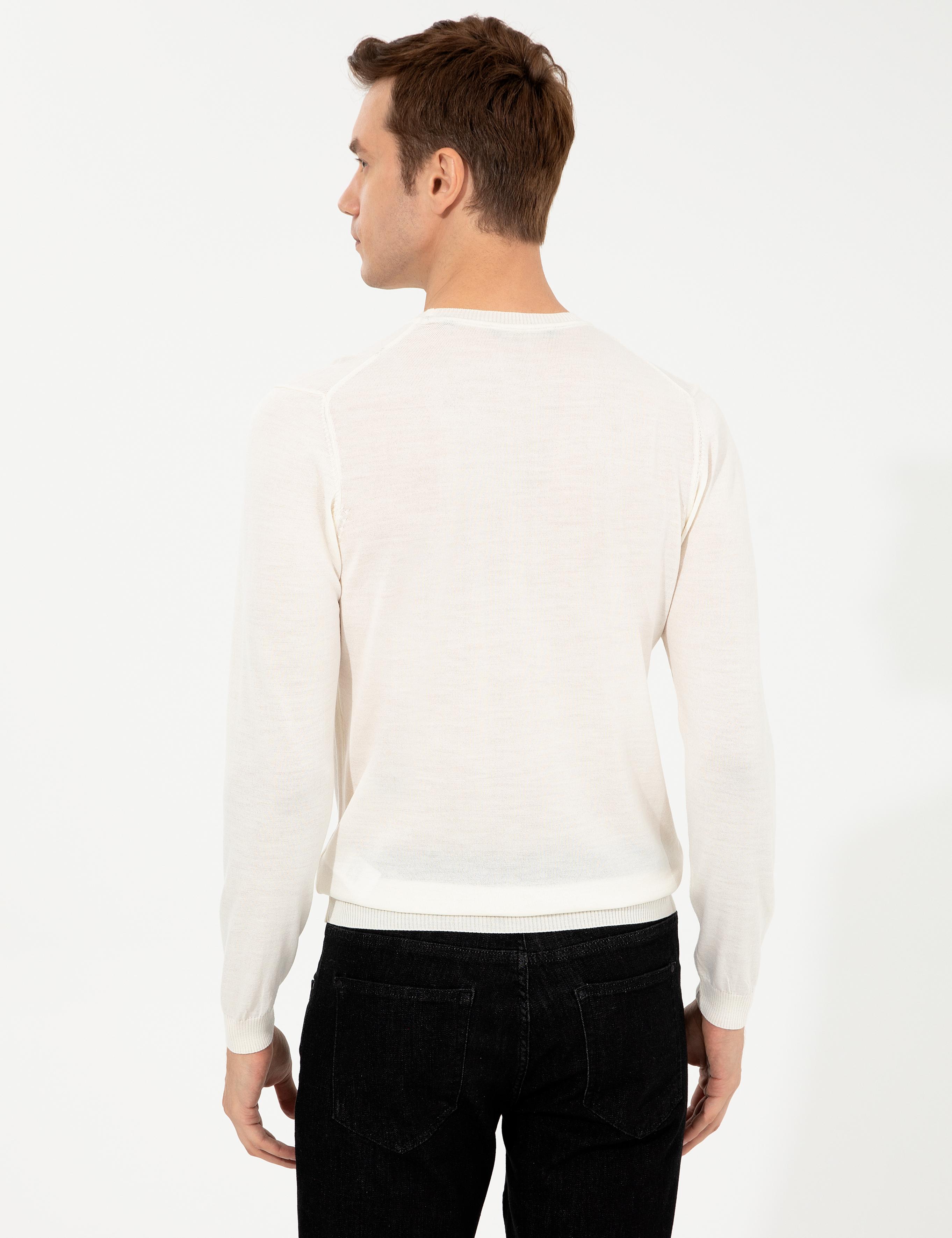 Beyaz Slim Fit Bisiklet Yaka Basic Triko Kazak - 50257398216
