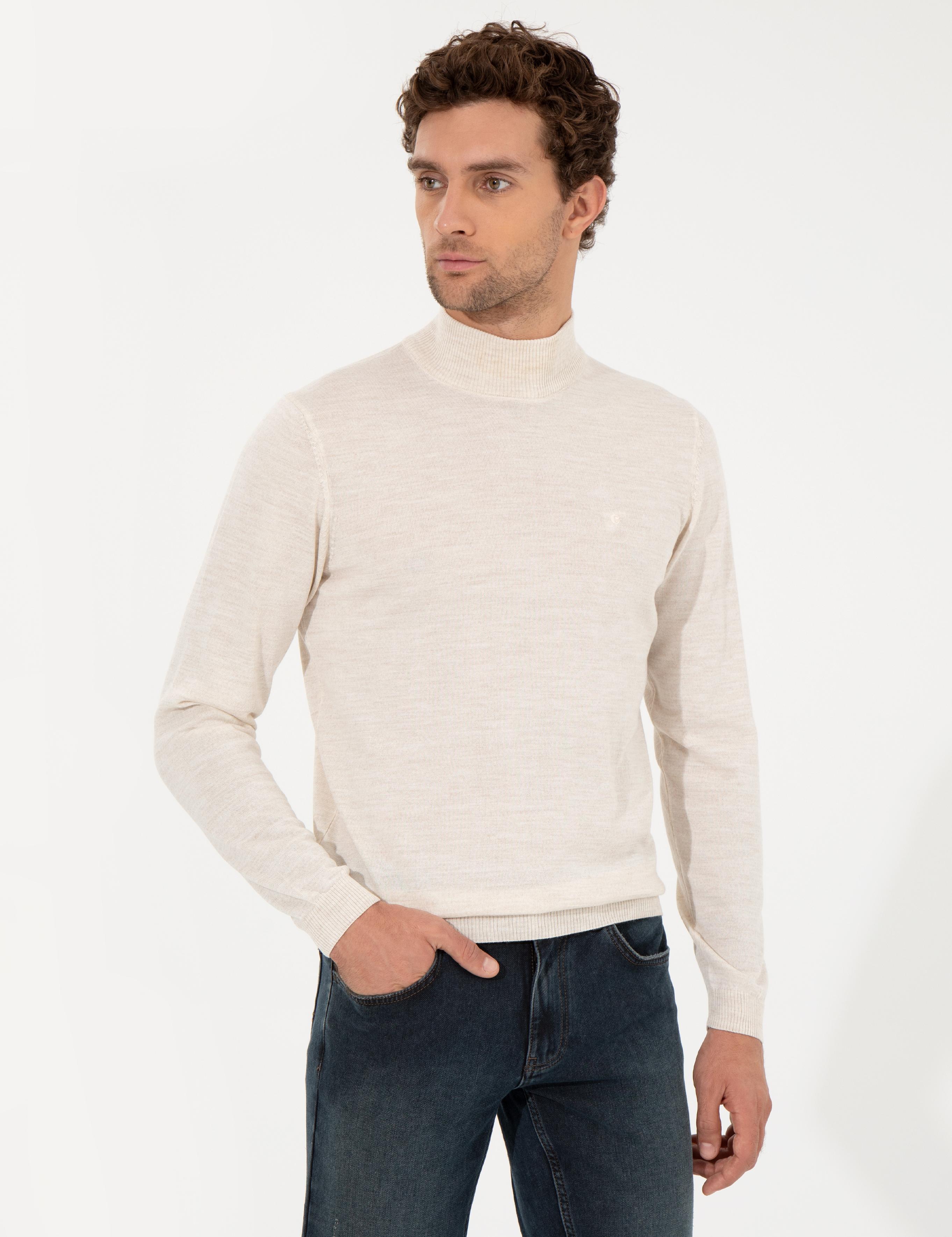 Bej Slim Fit Yarım Balıkçı Basic Triko Kazak - 50257711006