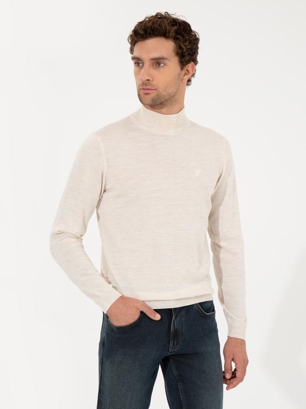 Bej Slim Fit Yarım Balıkçı Basic Triko Kazak