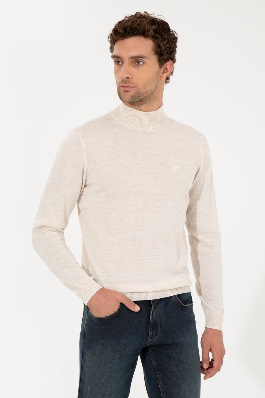 Bej Slim Fit Yarım Balıkçı Basic Triko Kazak - 50257711006