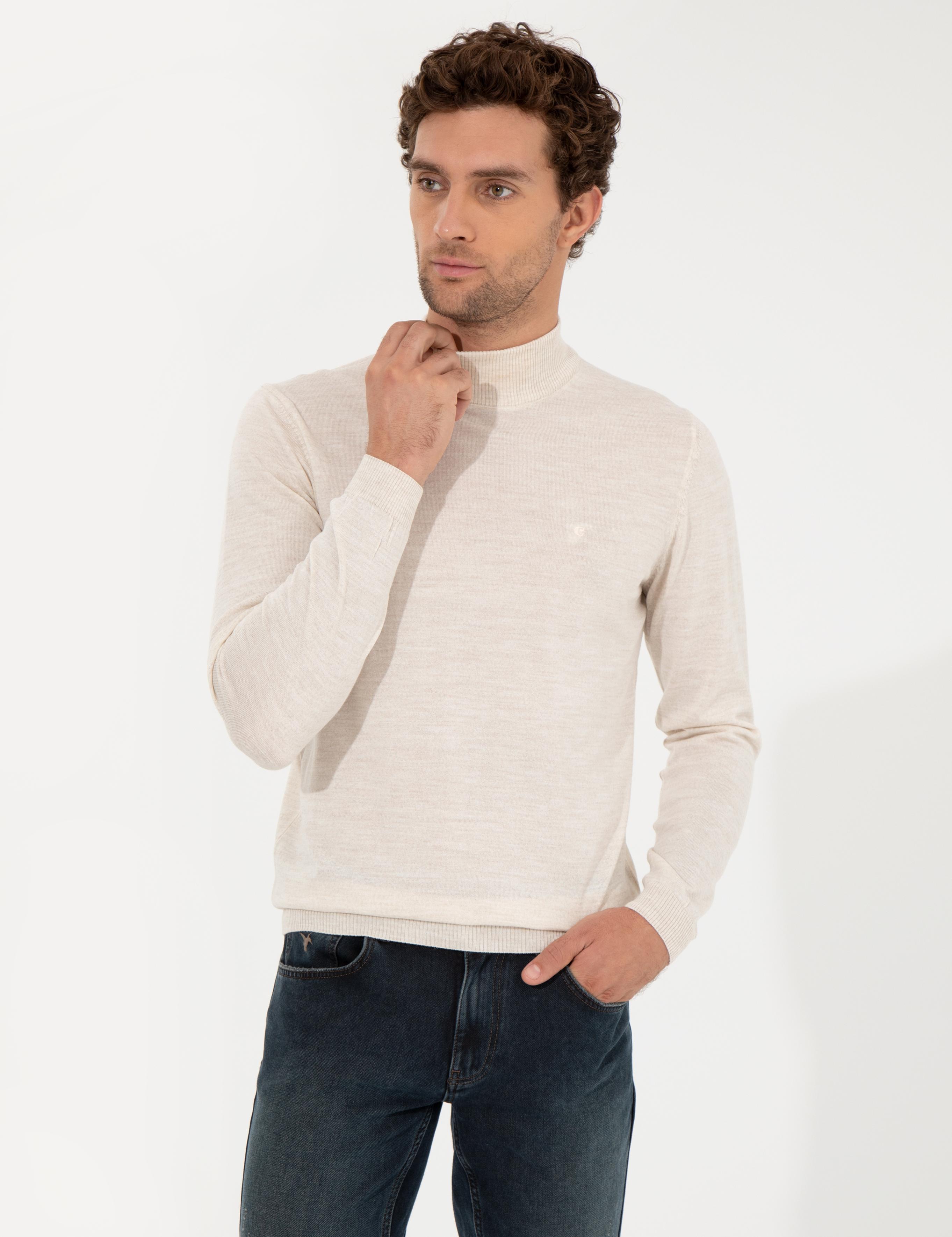 Bej Slim Fit Yarım Balıkçı Basic Triko Kazak - 50257711006
