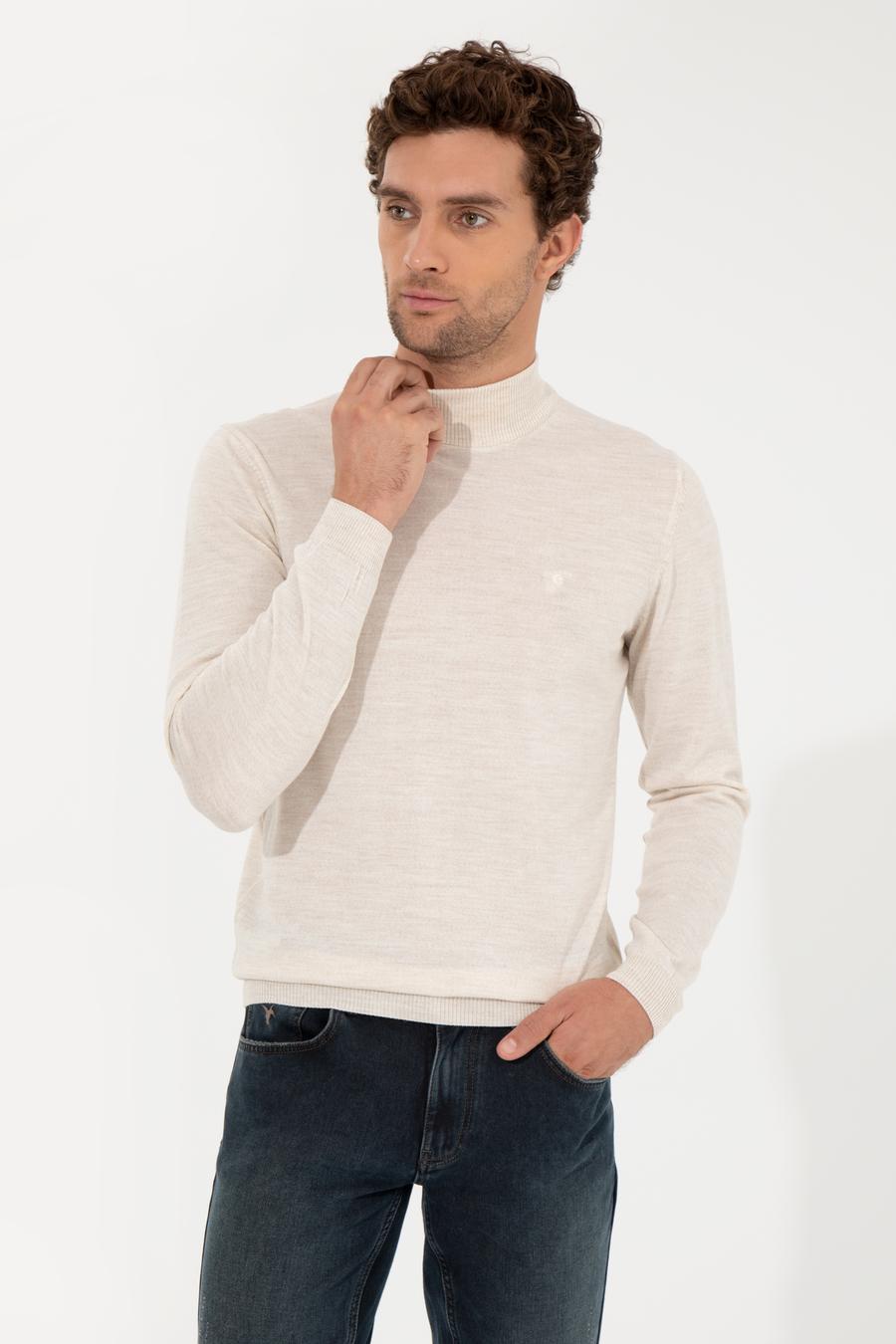 Bej Slim Fit Yarım Balıkçı Basic Triko Kazak - 50257711006