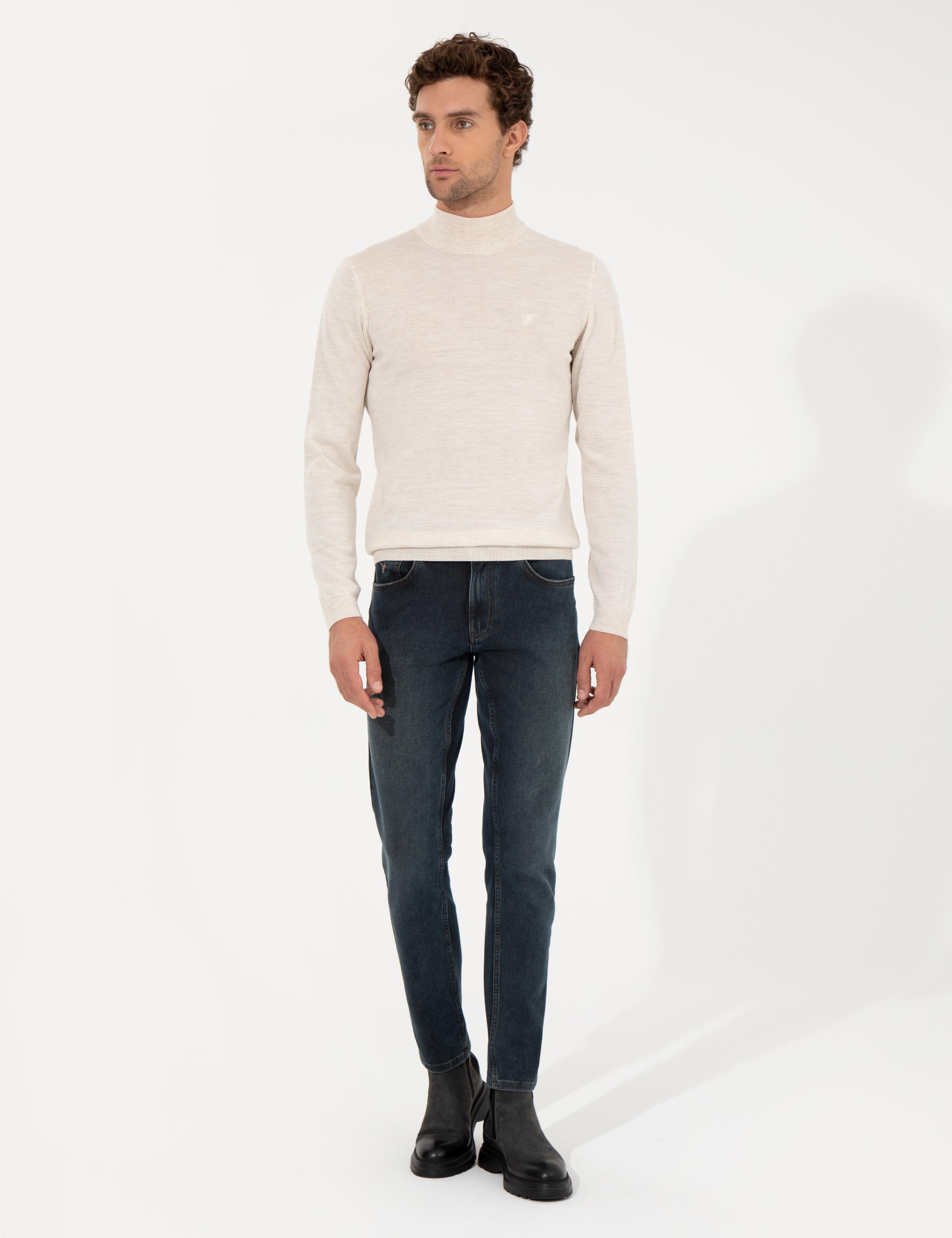 Bej Slim Fit Yarım Balıkçı Basic Triko Kazak - 50257711006