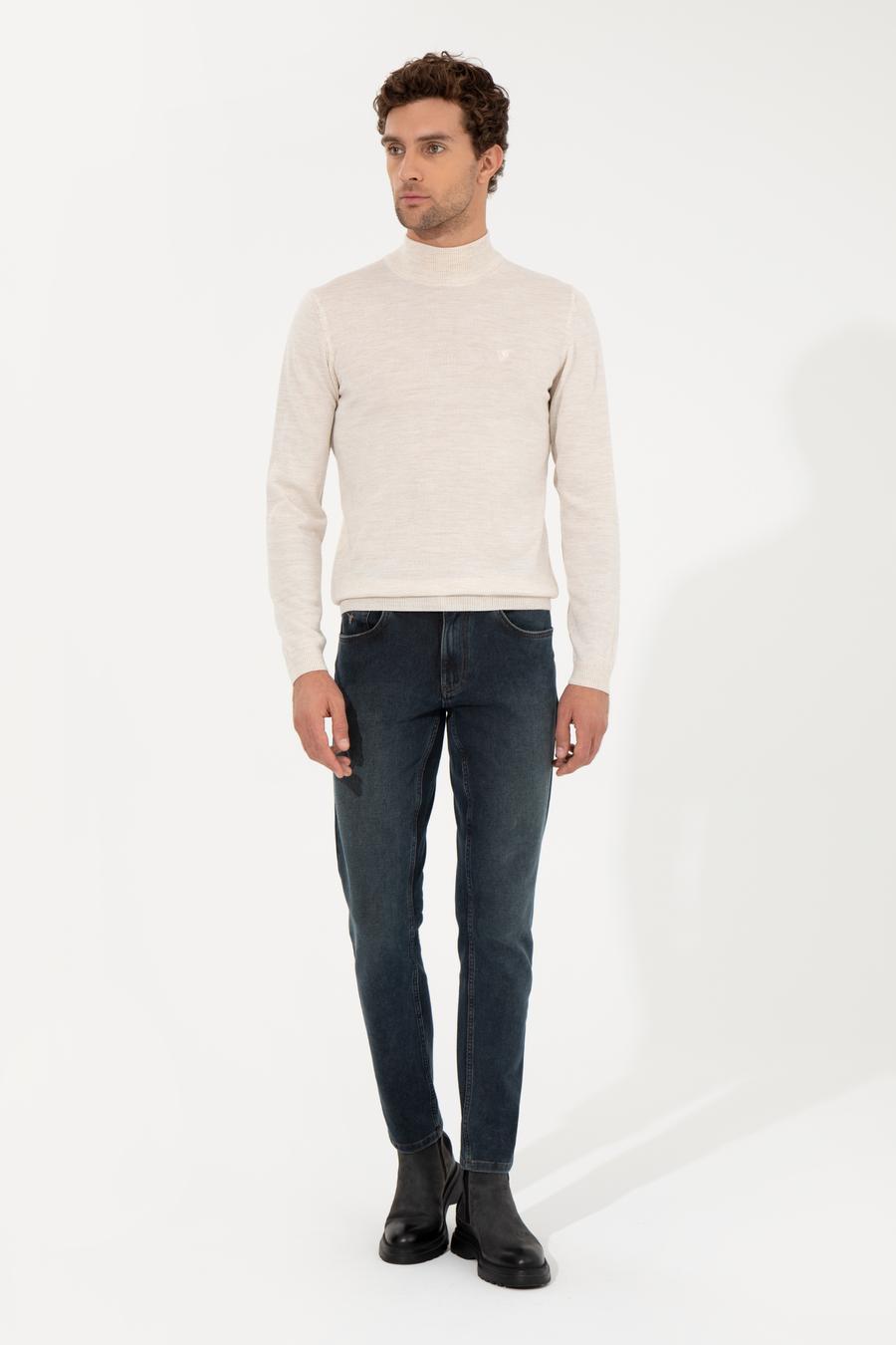 Bej Slim Fit Yarım Balıkçı Basic Triko Kazak - 50257711006