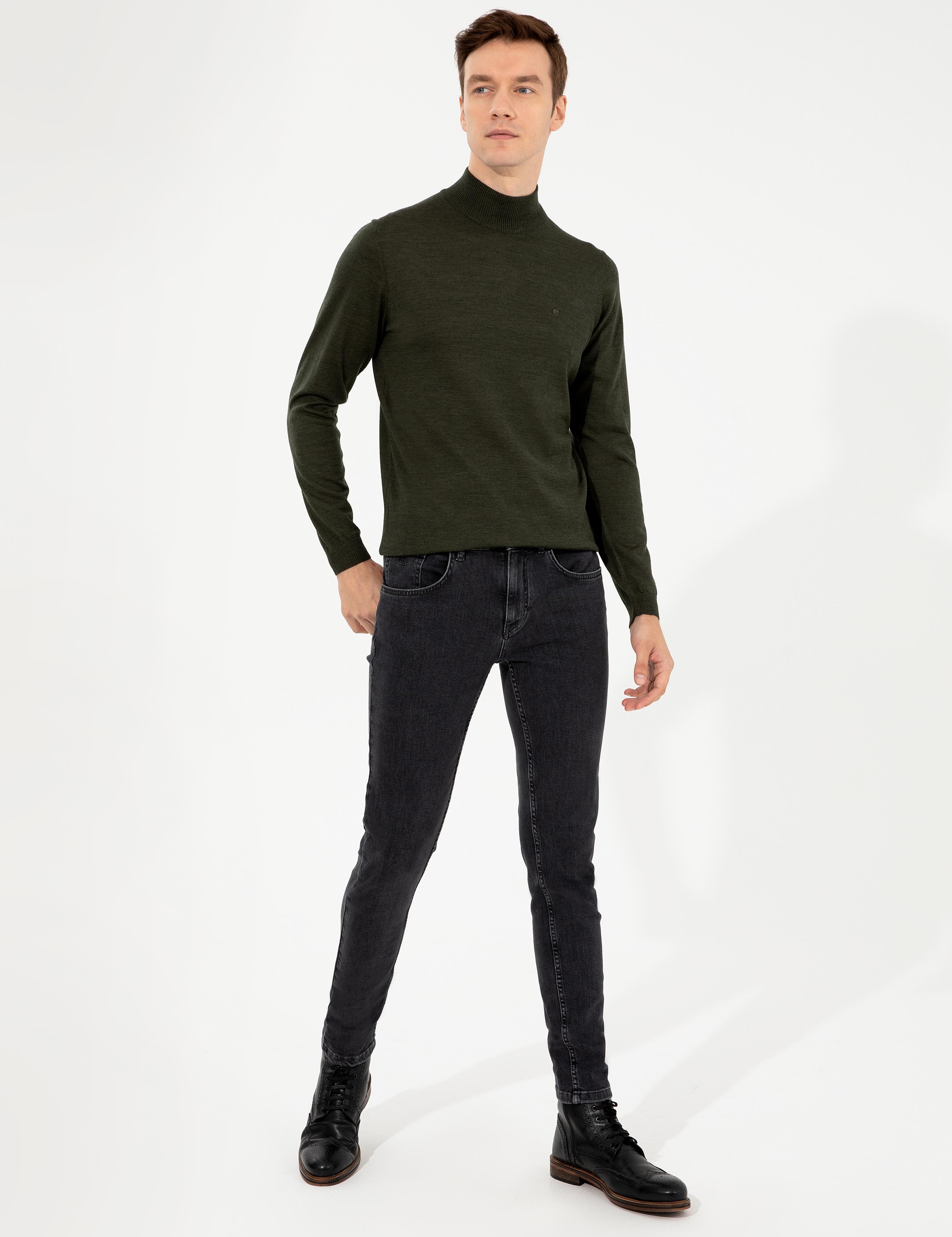Haki Slim Fit Yarım Balıkçı Basic Triko Kazak - 50257711028