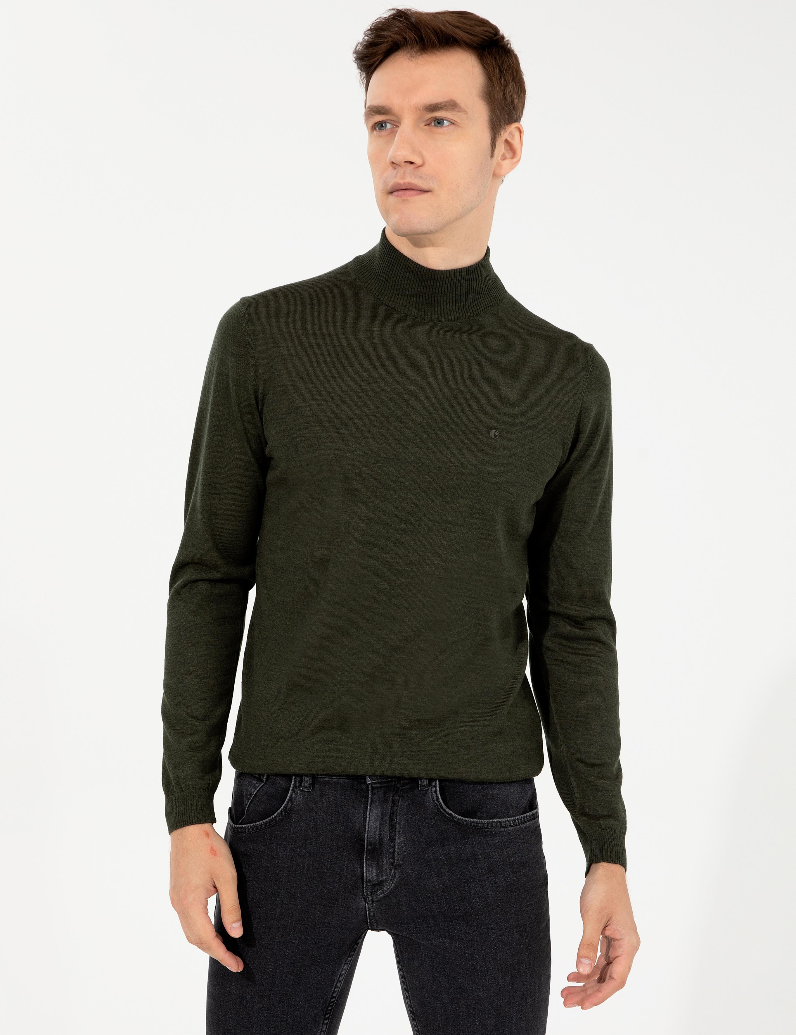 Haki Slim Fit Yarım Balıkçı Basic Triko Kazak - 50257711028