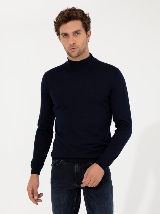 Lacivert Slim Fit Yarım Balıkçı Basic Triko Kazak