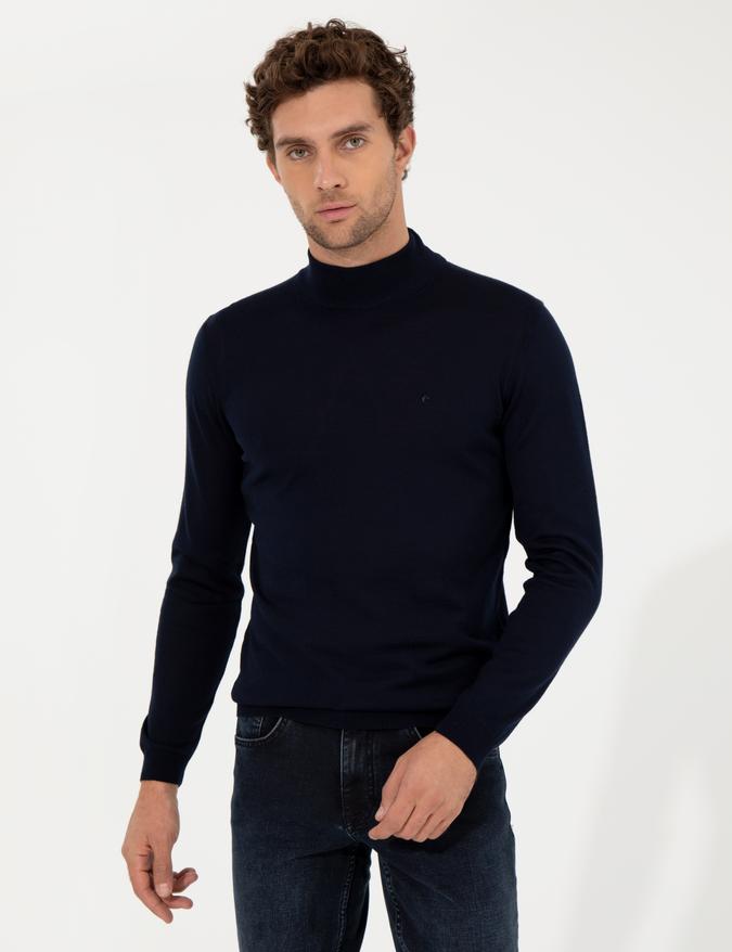 Lacivert Slim Fit Yarım Balıkçı Basic Triko Kazak