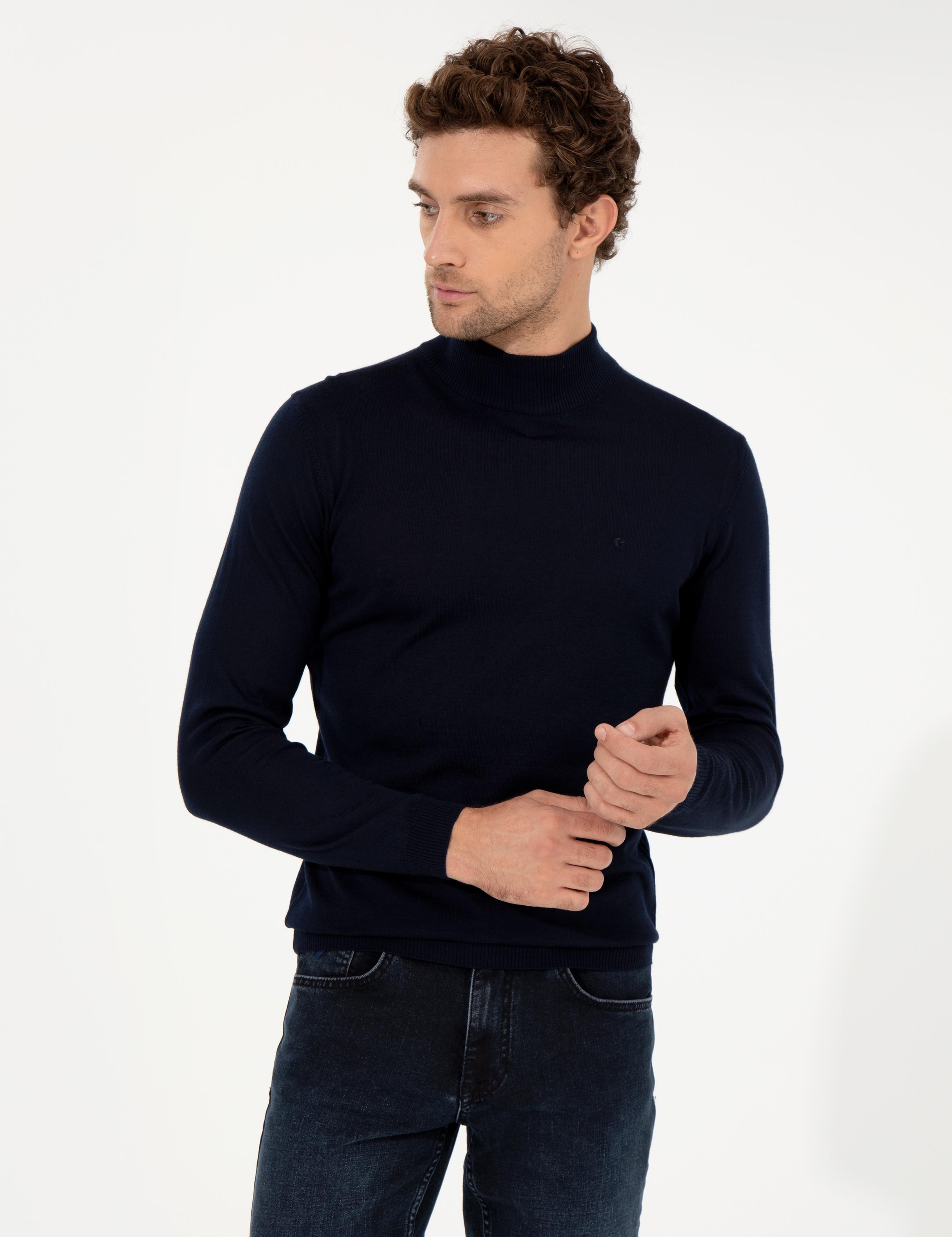 Lacivert Slim Fit Yarım Balıkçı Basic Triko Kazak - 50257711036