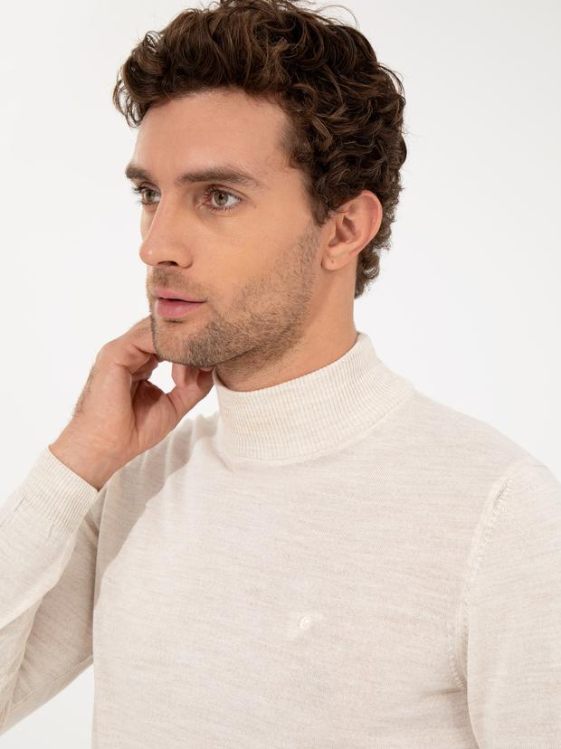 Bej Slim Fit Yarım Balıkçı Basic Triko Kazak