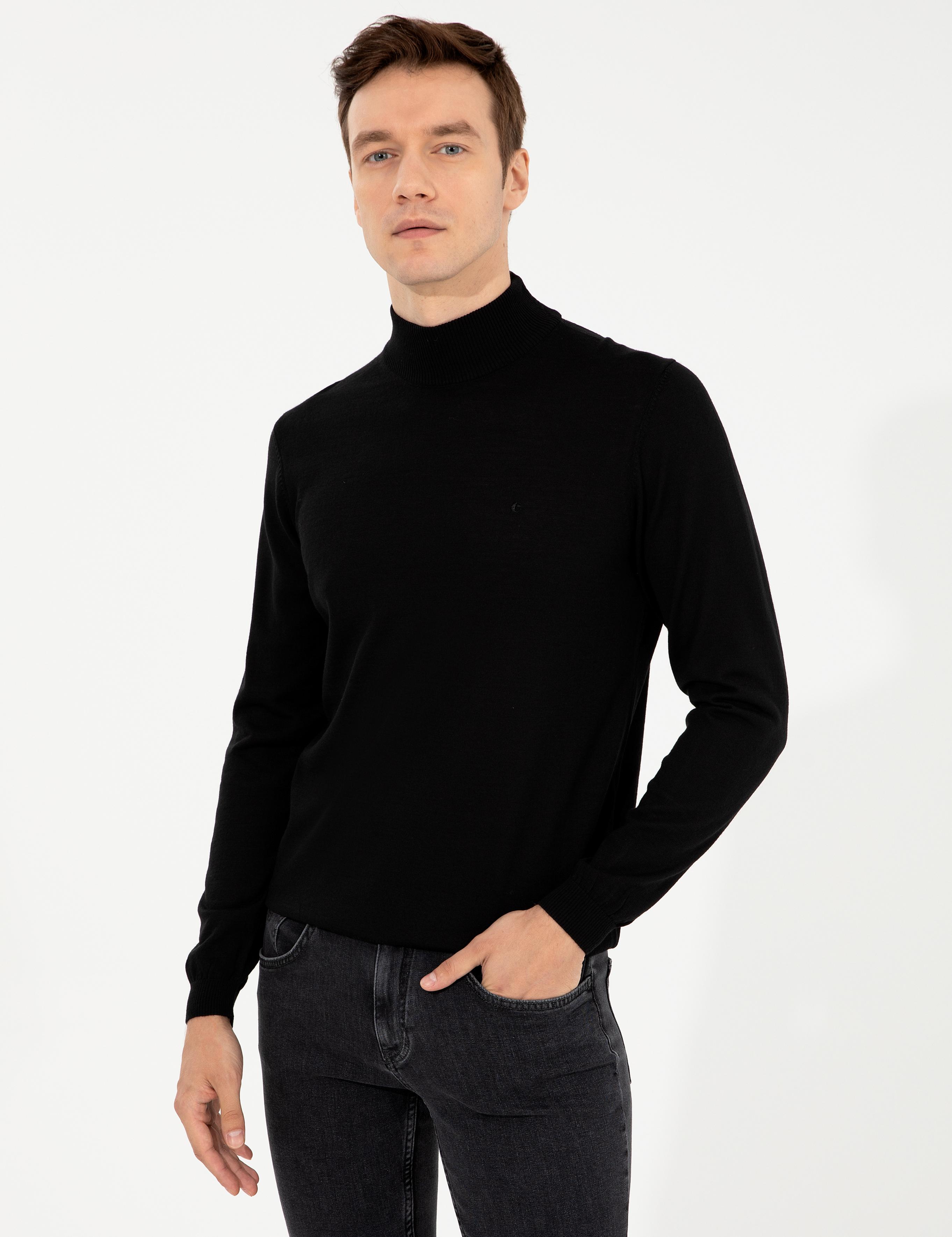 Siyah Slim Fit Yarım Balıkçı Basic Triko Kazak - 50257711078