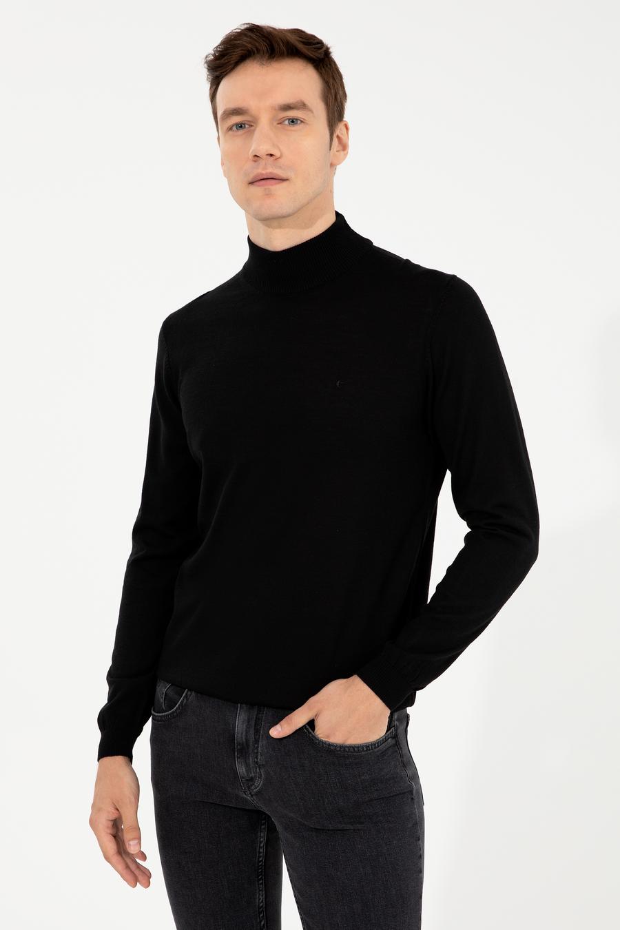 Siyah Slim Fit Yarım Balıkçı Basic Triko Kazak - 50257711078