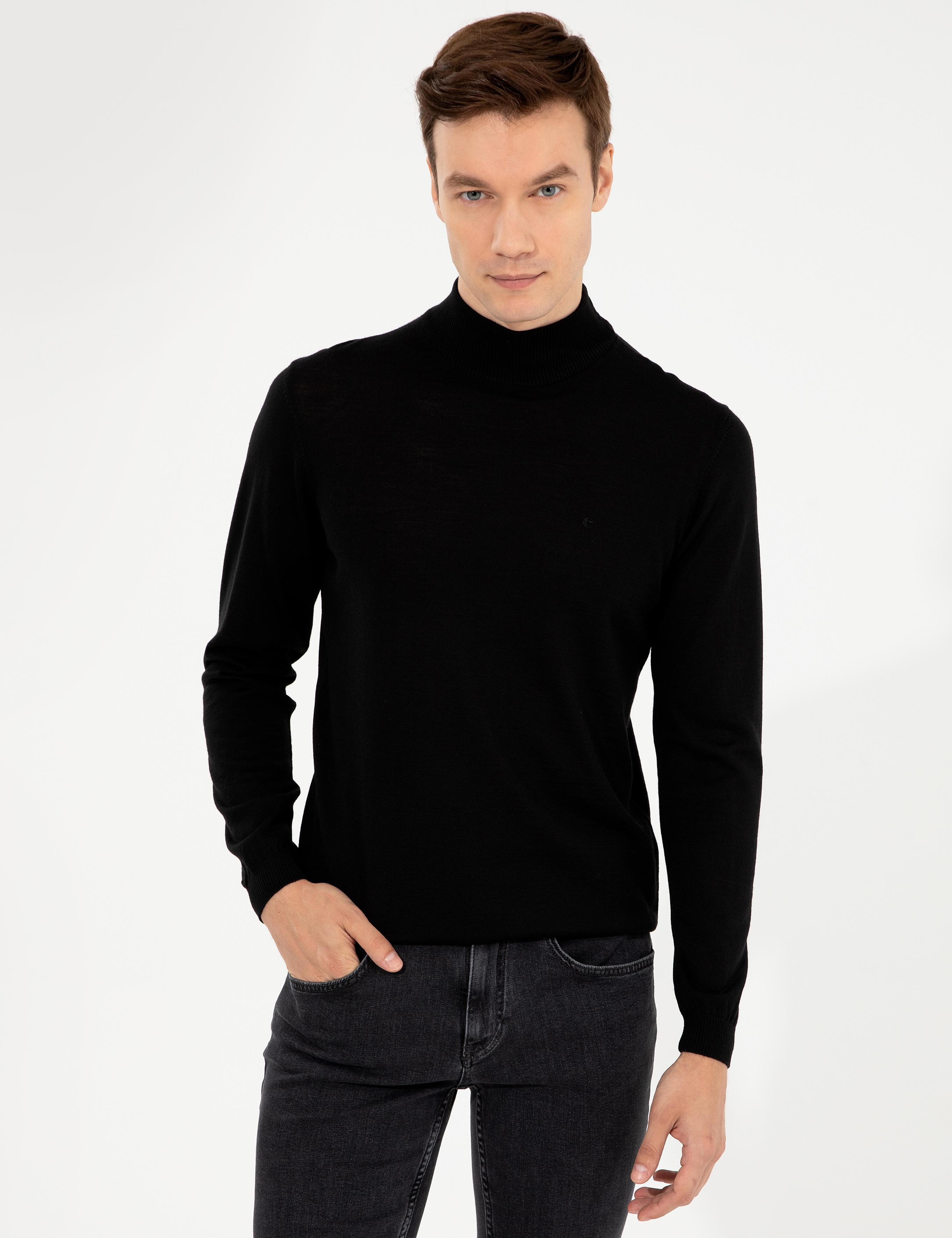 Siyah Slim Fit Yarım Balıkçı Basic Triko Kazak - 50257711078