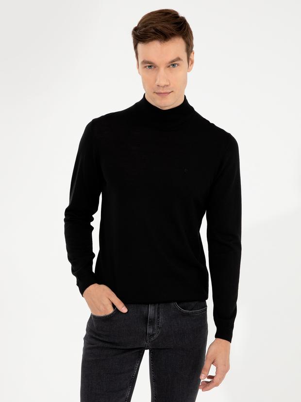 Siyah Slim Fit Yarım Balıkçı Basic Triko Kazak
