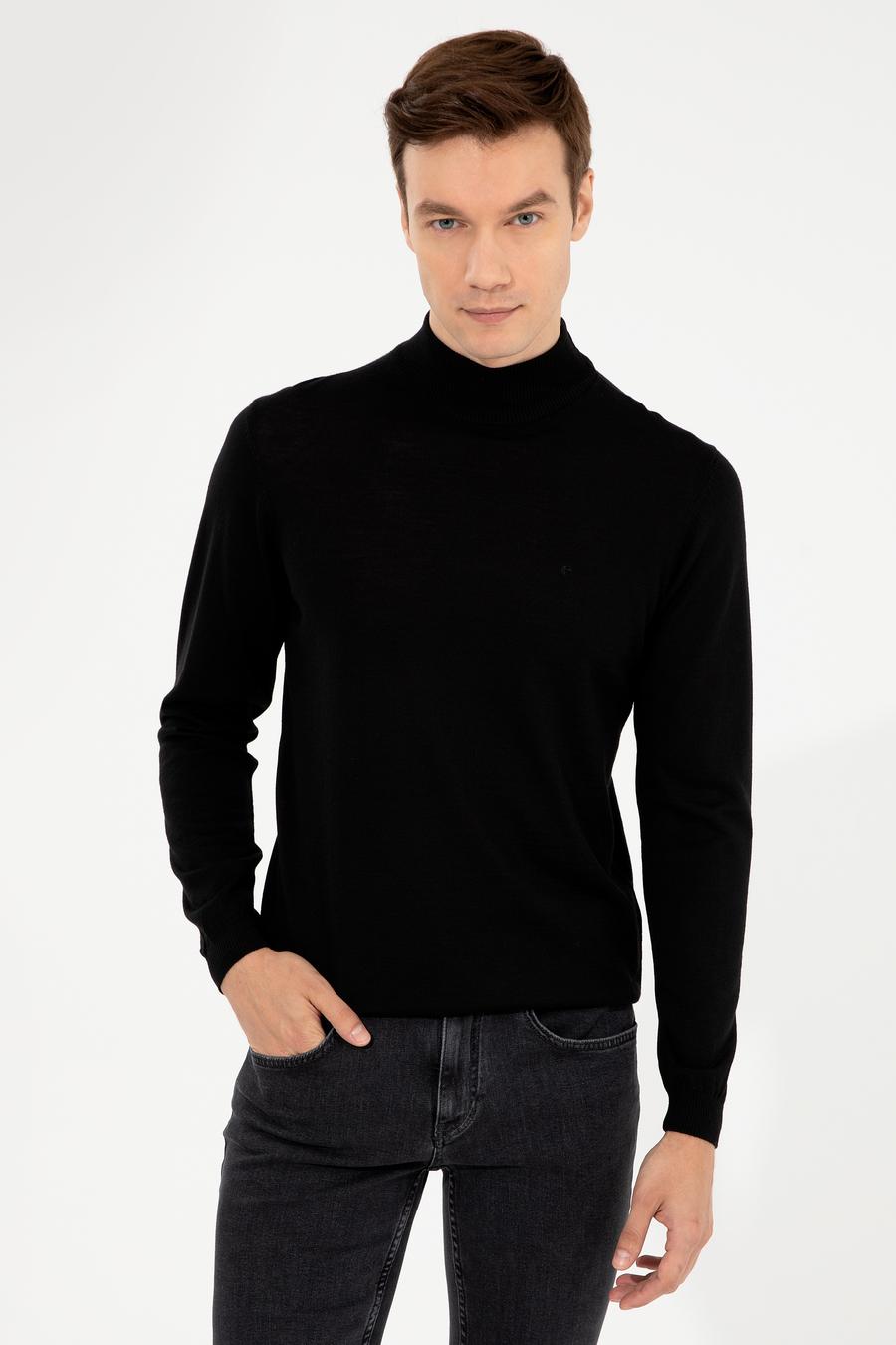 Siyah Slim Fit Yarım Balıkçı Basic Triko Kazak - 50257711078