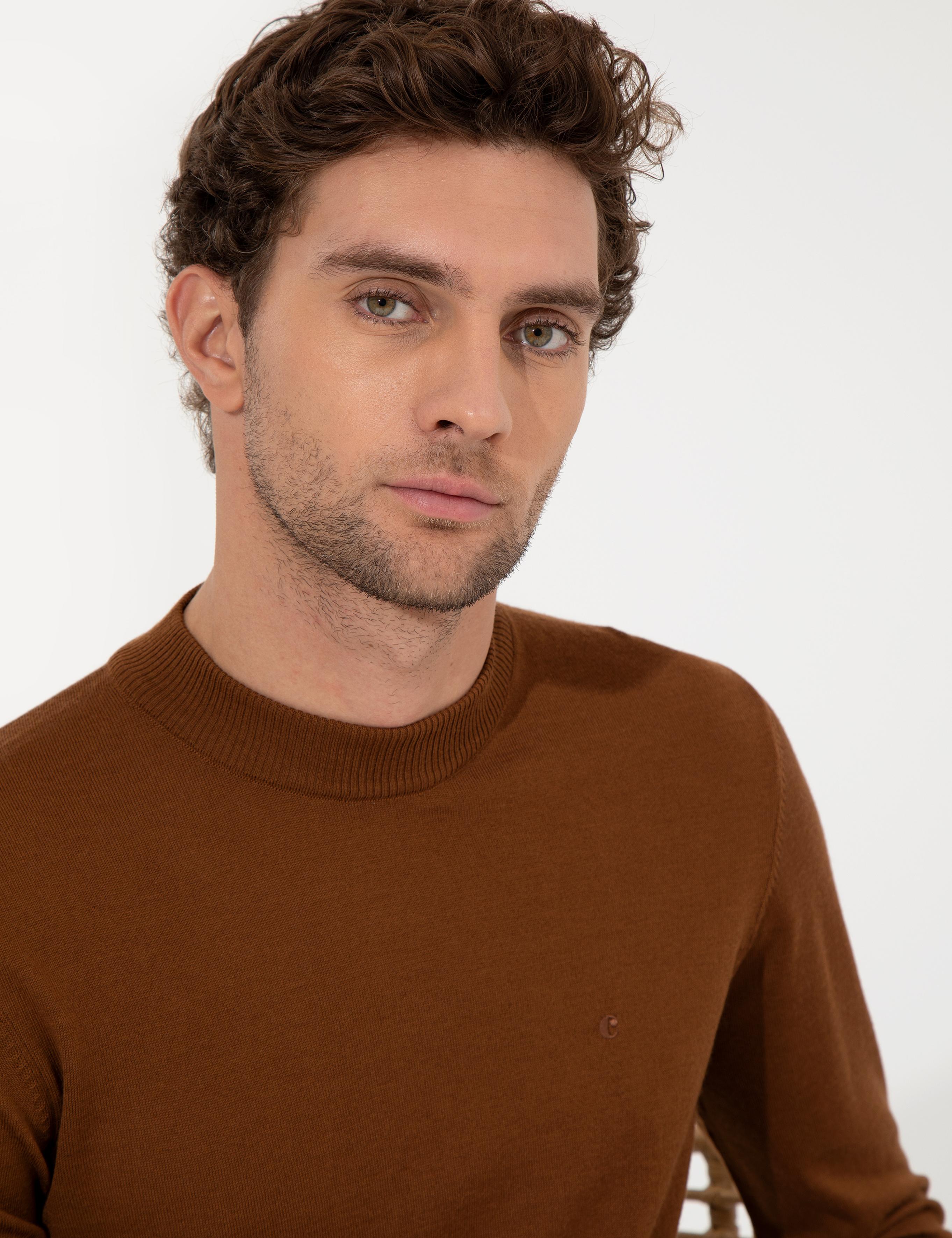 Açık Kahverengi Slim Fit Çeyrek Balıkçı Yaka Basic Triko Kazak - 50257712004