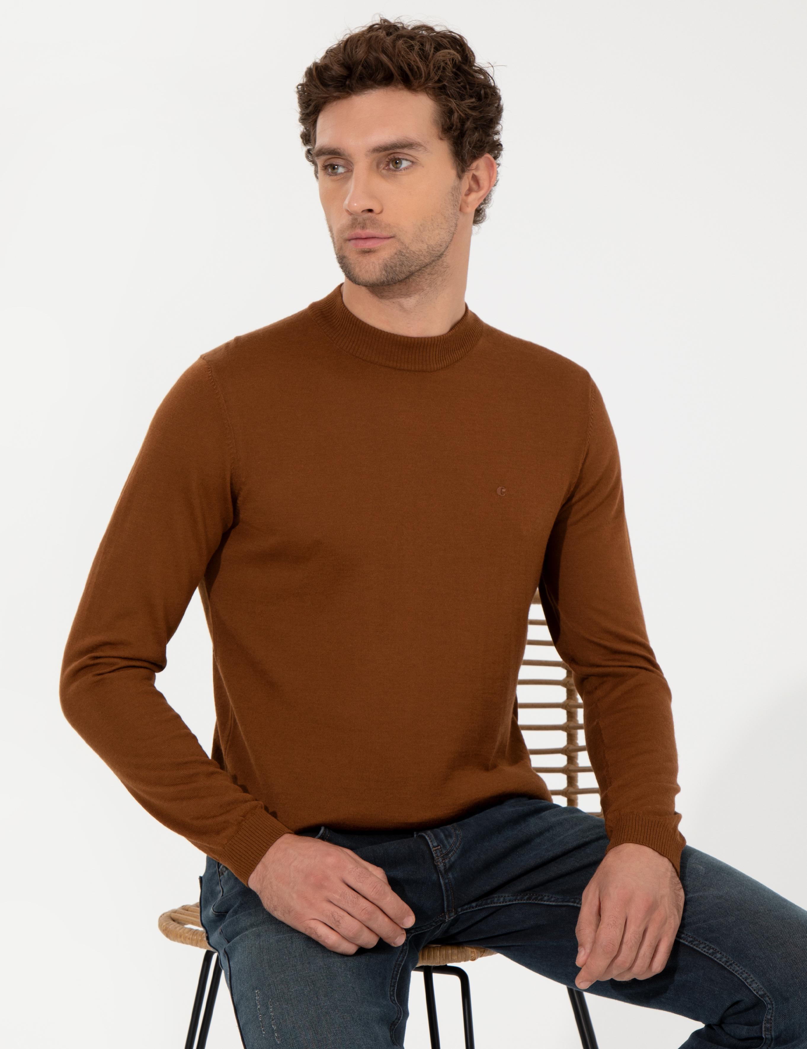 Açık Kahverengi Slim Fit Çeyrek Balıkçı Yaka Basic Triko Kazak - 50257712004