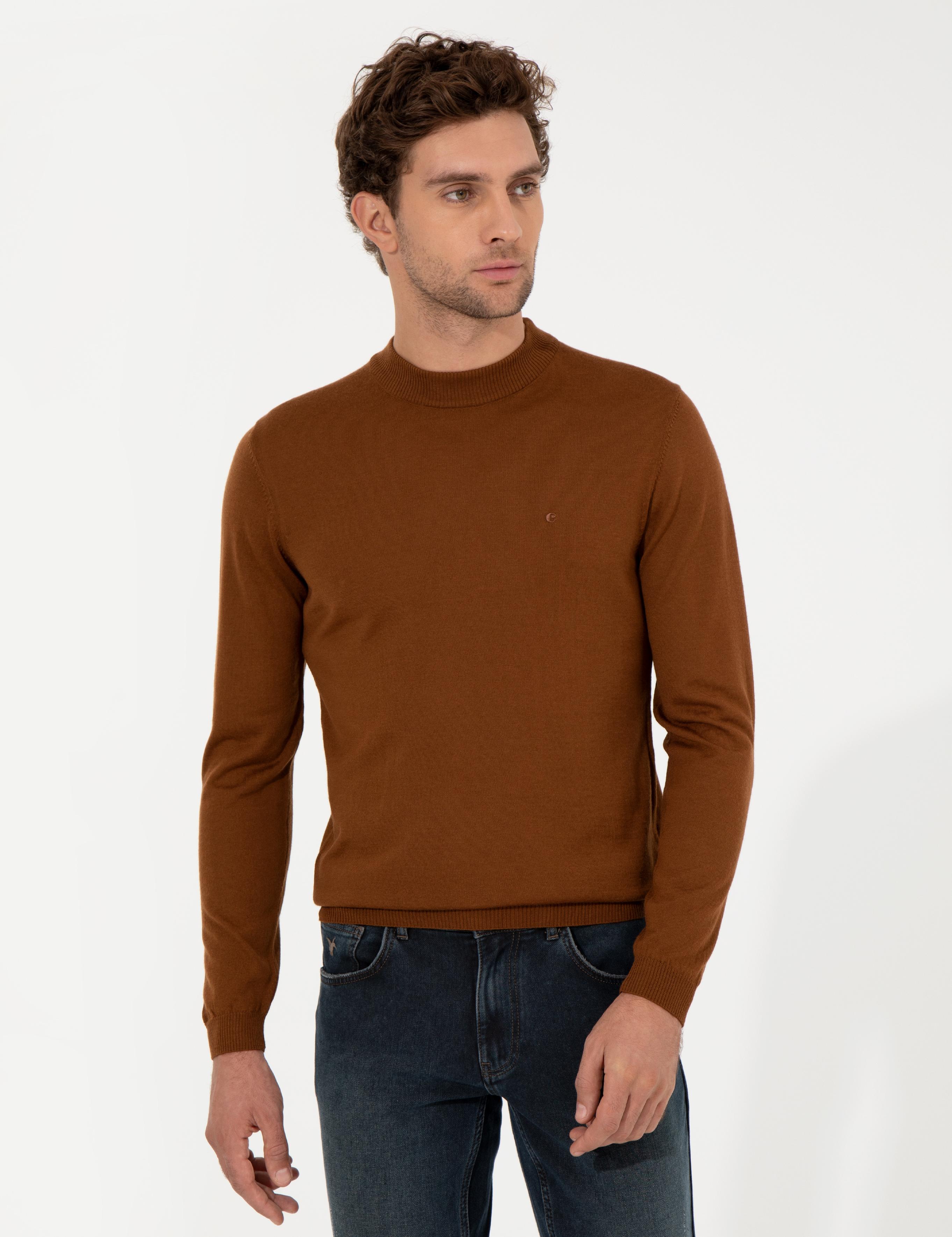 Açık Kahverengi Slim Fit Çeyrek Balıkçı Yaka Basic Triko Kazak - 50257712004