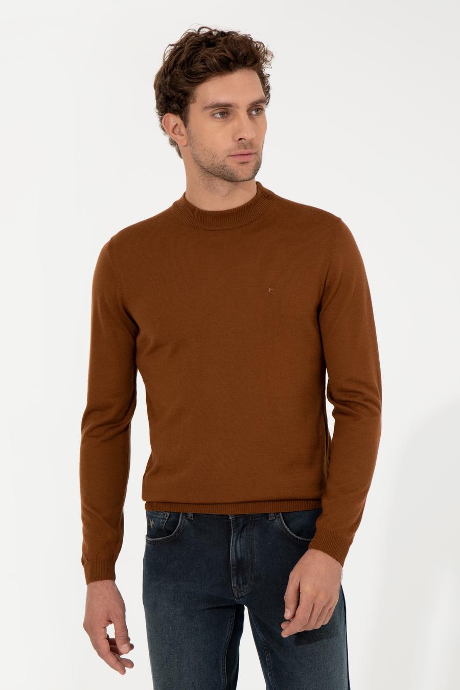 Açık Kahverengi Slim Fit Çeyrek Balıkçı Yaka Basic Triko Kazak - 50257712004