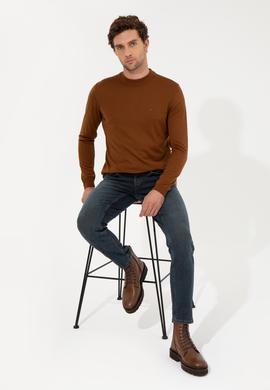 Açık Kahverengi Slim Fit Çeyrek Balıkçı Yaka Basic Triko Kazak
