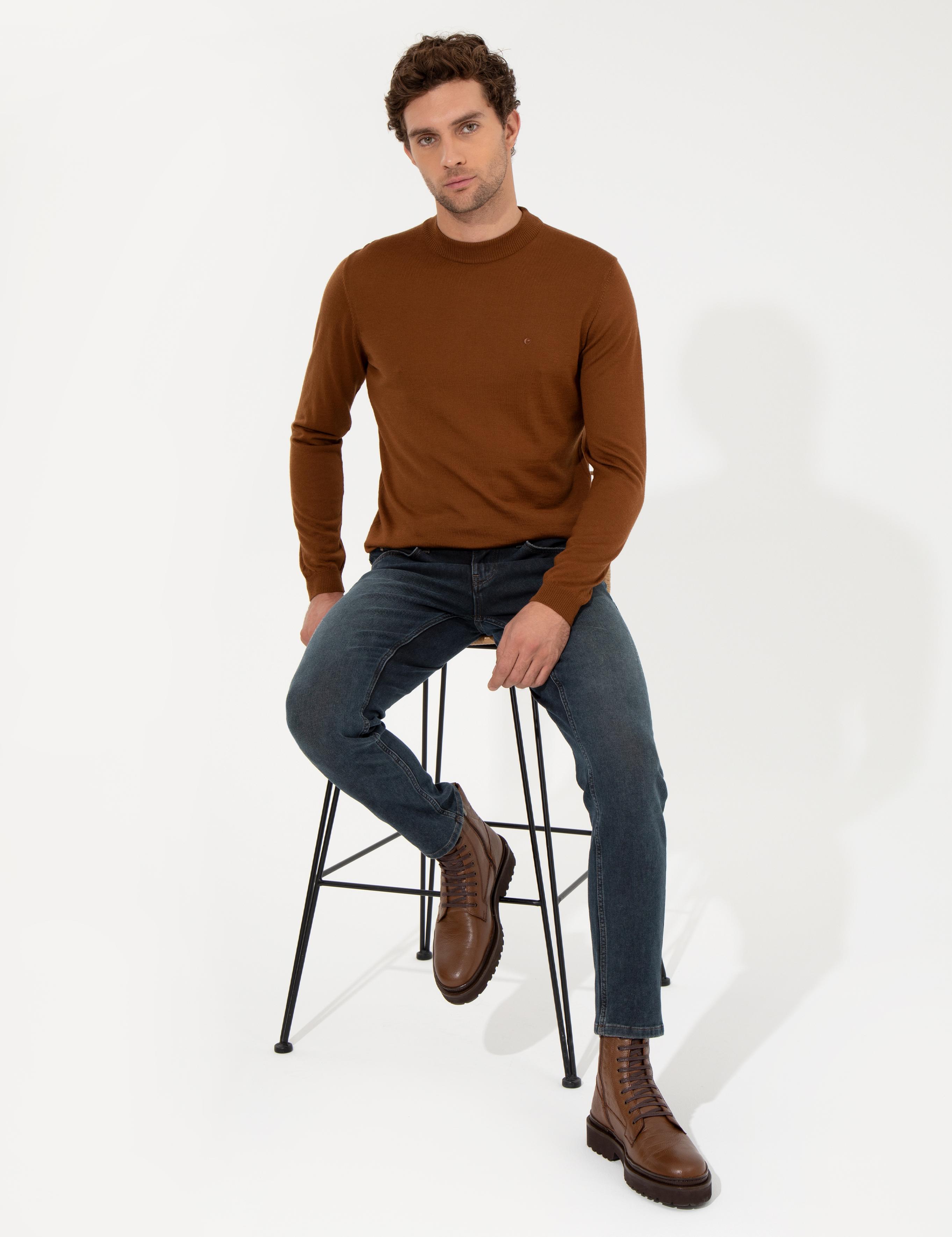 Açık Kahverengi Slim Fit Çeyrek Balıkçı Yaka Basic Triko Kazak - 50257712004