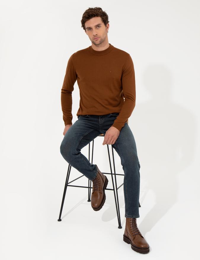 Açık Kahverengi Slim Fit Çeyrek Balıkçı Yaka Basic Triko Kazak