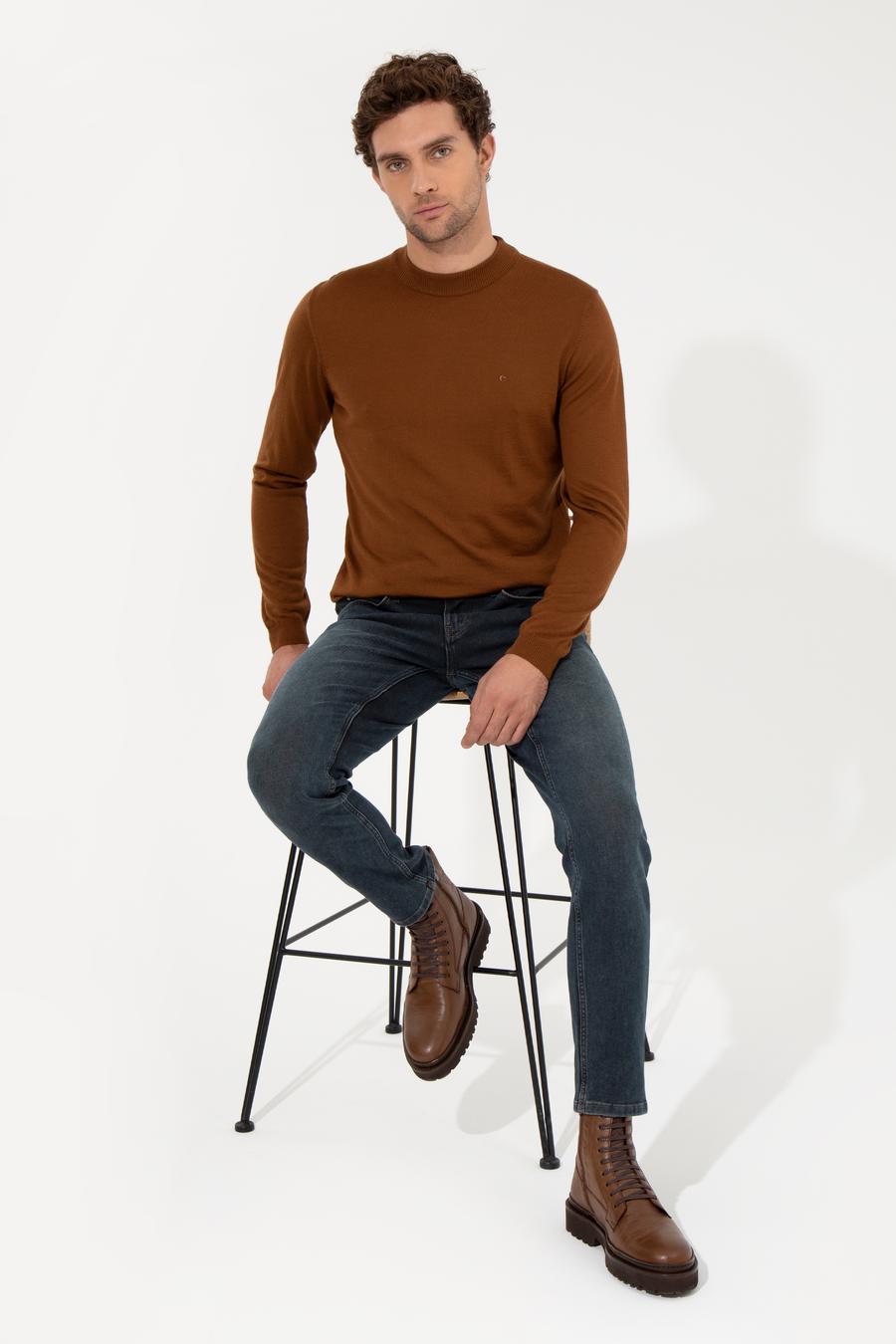 Açık Kahverengi Slim Fit Çeyrek Balıkçı Yaka Basic Triko Kazak - 50257712004
