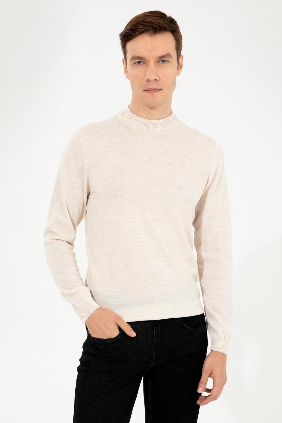 Bej Slim Fit Çeyrek Balıkçı Yaka Basic Triko Kazak - 50257712017