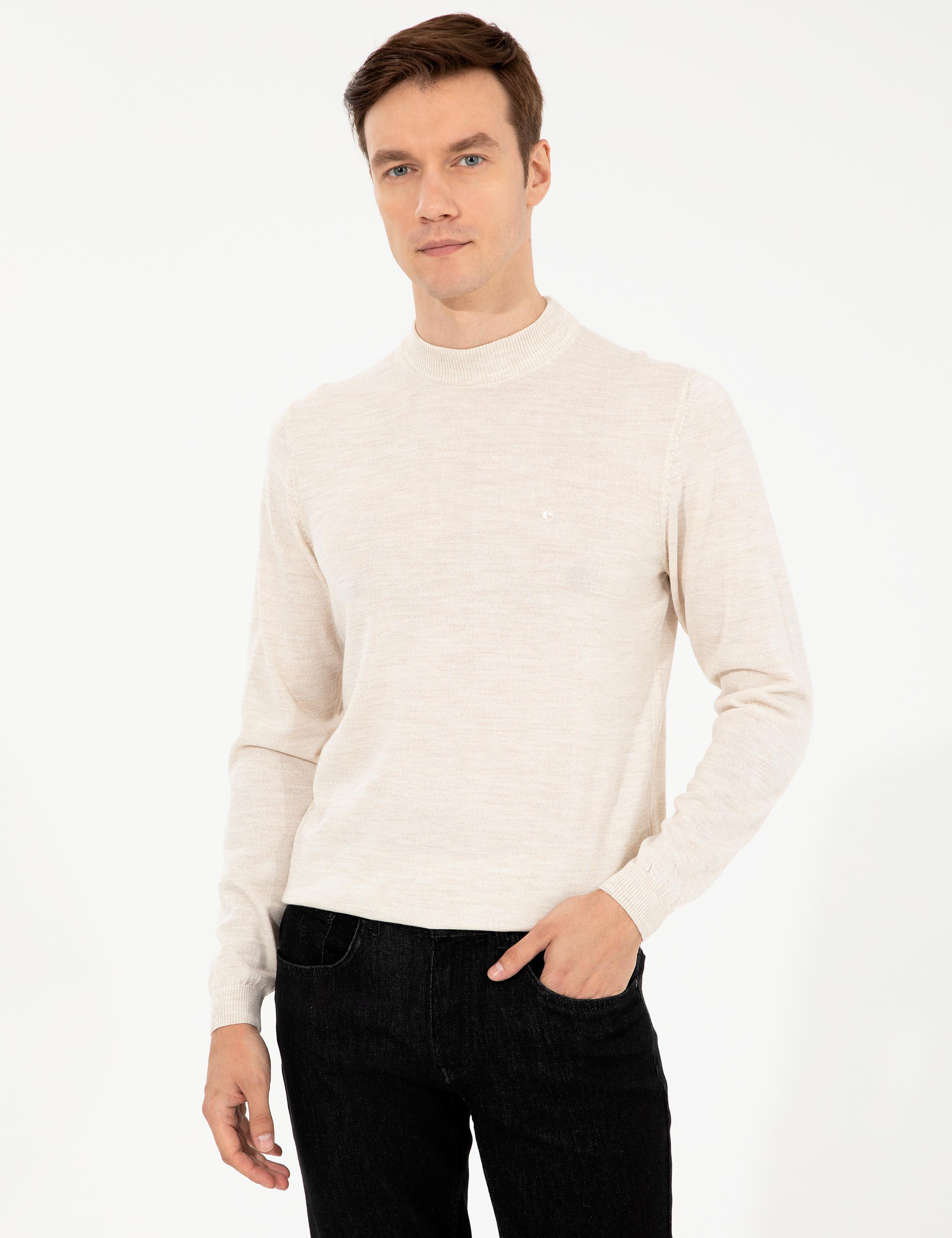 Bej Slim Fit Çeyrek Balıkçı Yaka Basic Triko Kazak - 50257712017