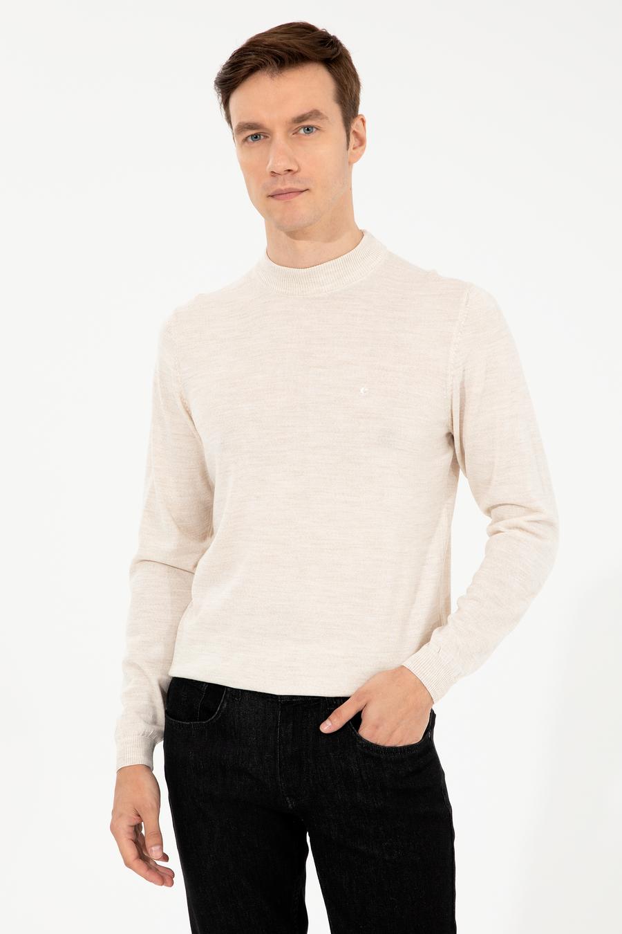Bej Slim Fit Çeyrek Balıkçı Yaka Basic Triko Kazak - 50257712017