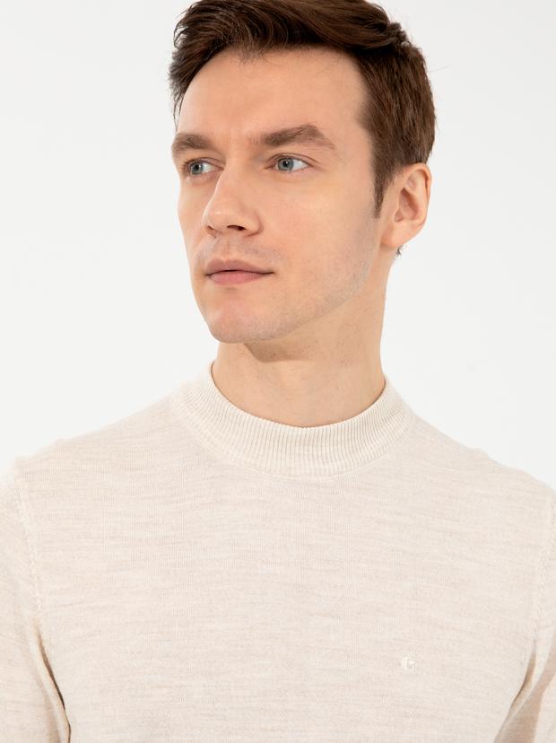 Bej Slim Fit Çeyrek Balıkçı Yaka Basic Triko Kazak