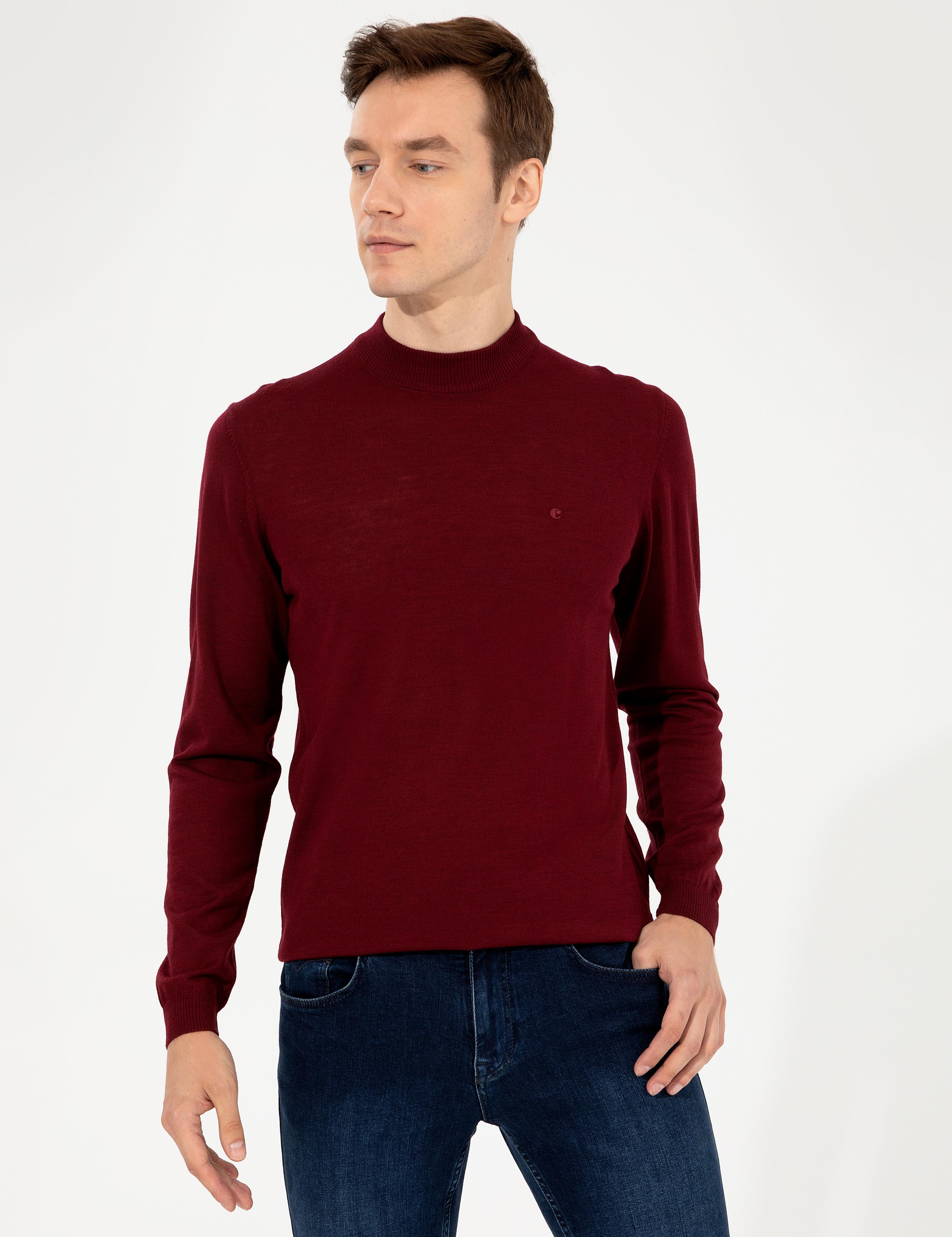 Koyu Bordo Slim Fit Çeyrek Balıkçı Yaka Basic Triko Kazak - 50257712058