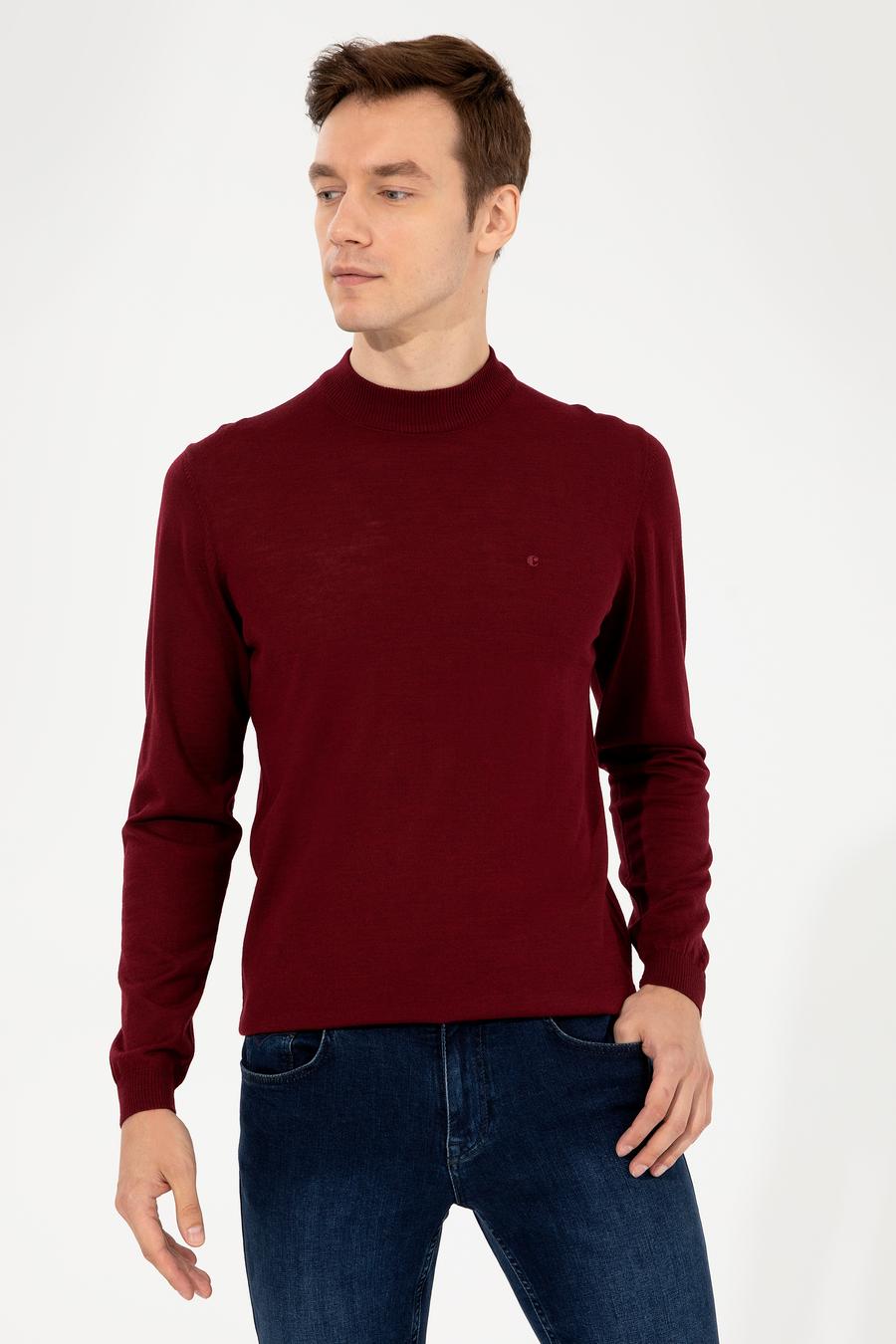 Koyu Bordo Slim Fit Çeyrek Balıkçı Yaka Basic Triko Kazak - 50257712058
