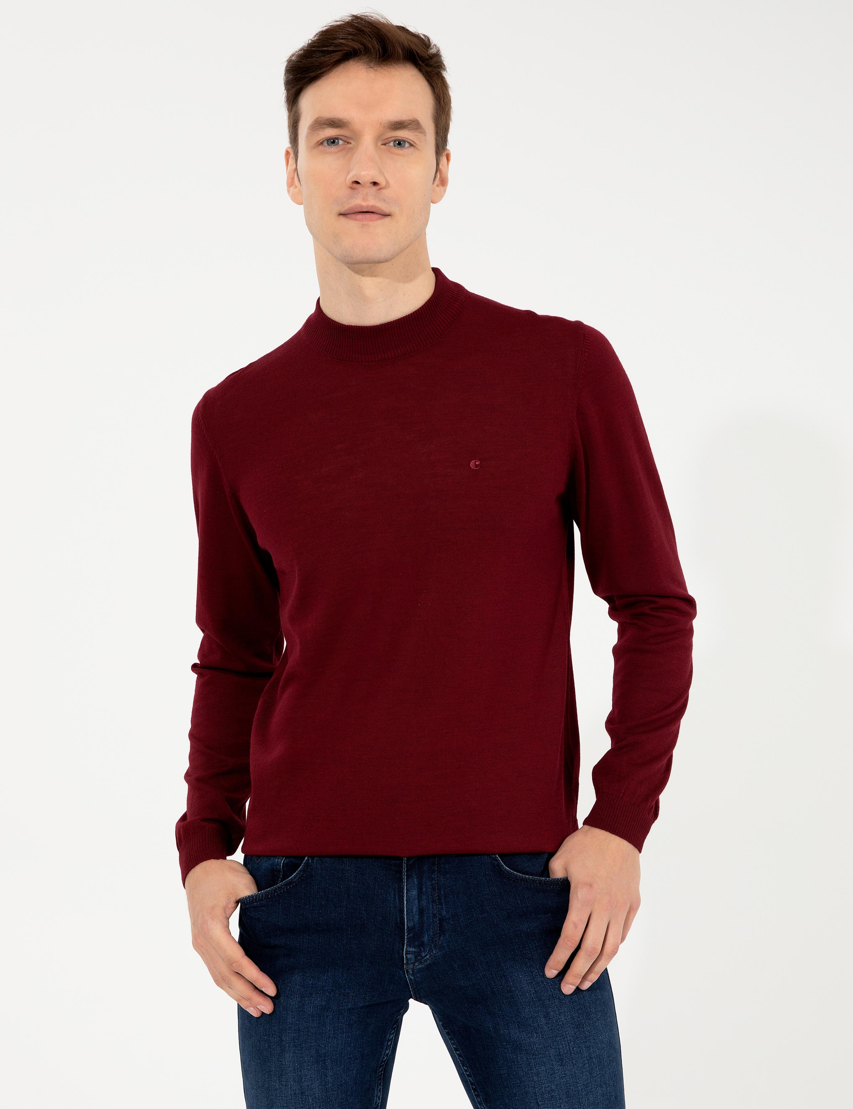 Koyu Bordo Slim Fit Çeyrek Balıkçı Yaka Basic Triko Kazak - 50257712058
