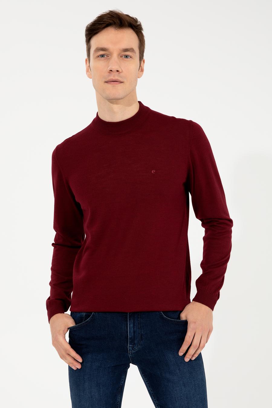 Koyu Bordo Slim Fit Çeyrek Balıkçı Yaka Basic Triko Kazak - 50257712058