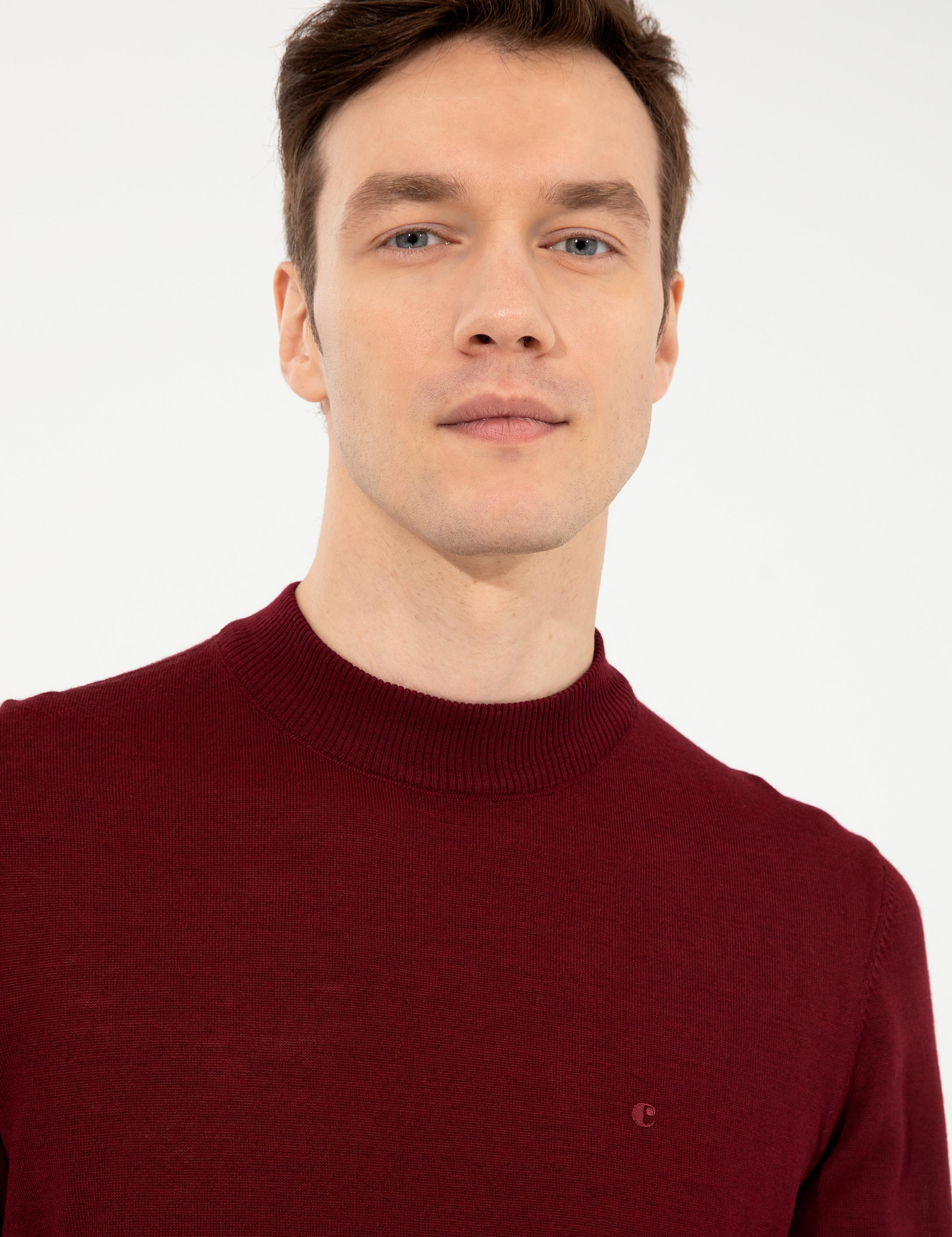 Koyu Bordo Slim Fit Çeyrek Balıkçı Yaka Basic Triko Kazak - 50257712058